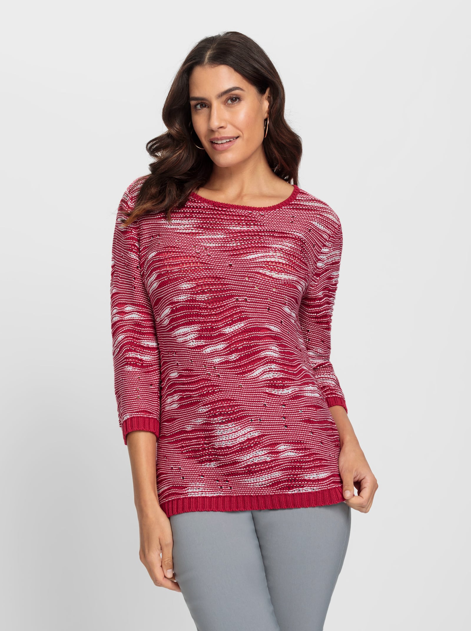 3/4 Arm-Pullover im Strickmuster-Mix - erdbeere-gemustert