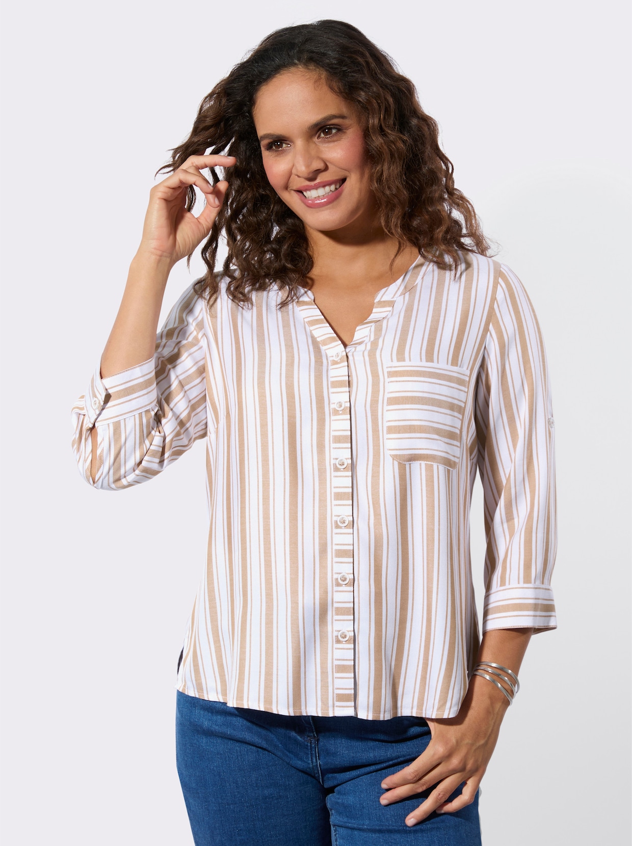 Gestreifte Bluse - camel-weiß-gestreift