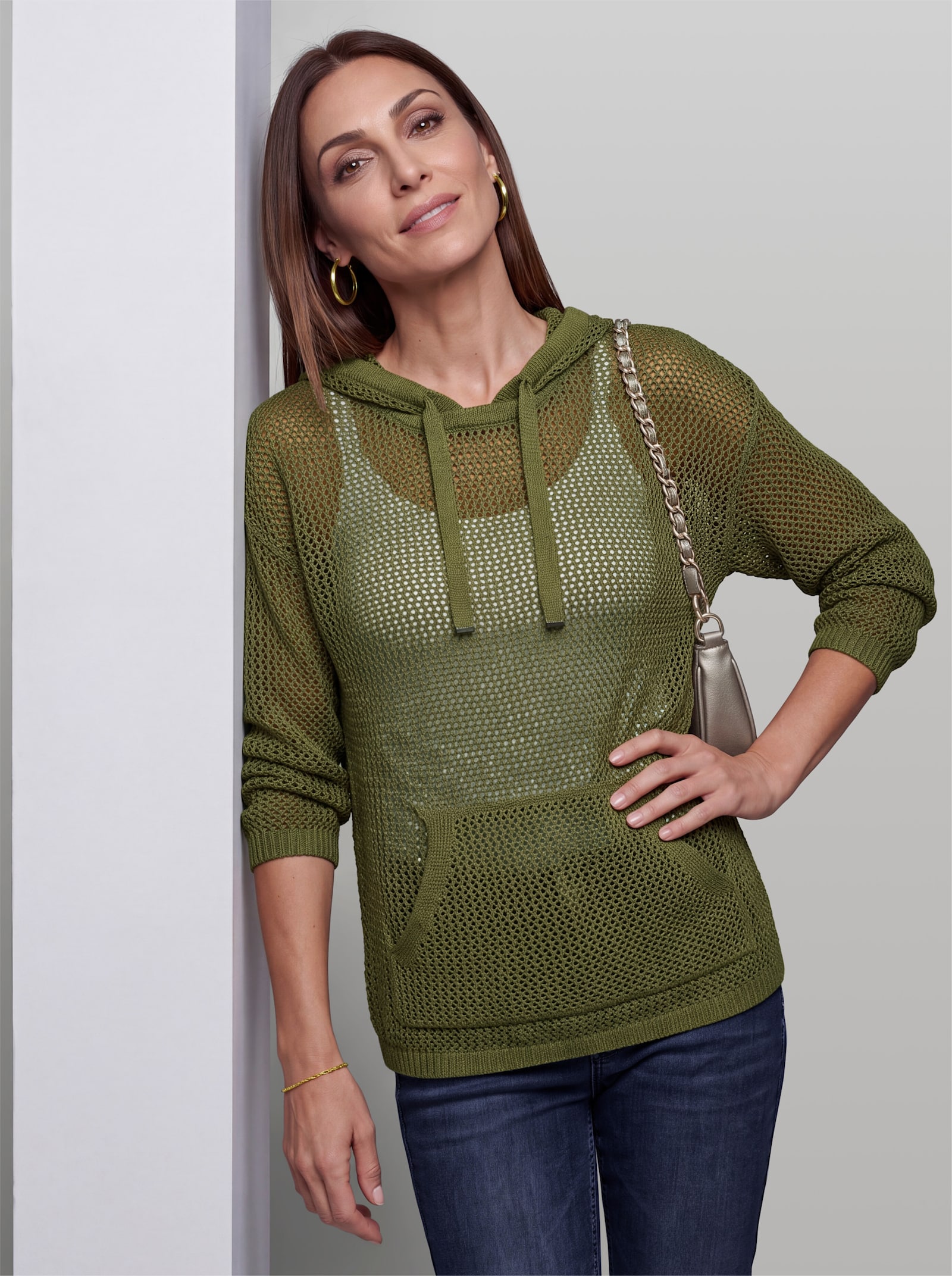 heine Lurex-Pullover mit Kapuze - oliv