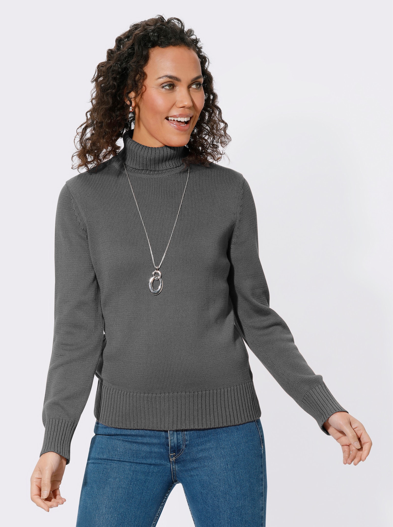 Rollkragenpullover im Baumwoll-Mix - grau-meliert