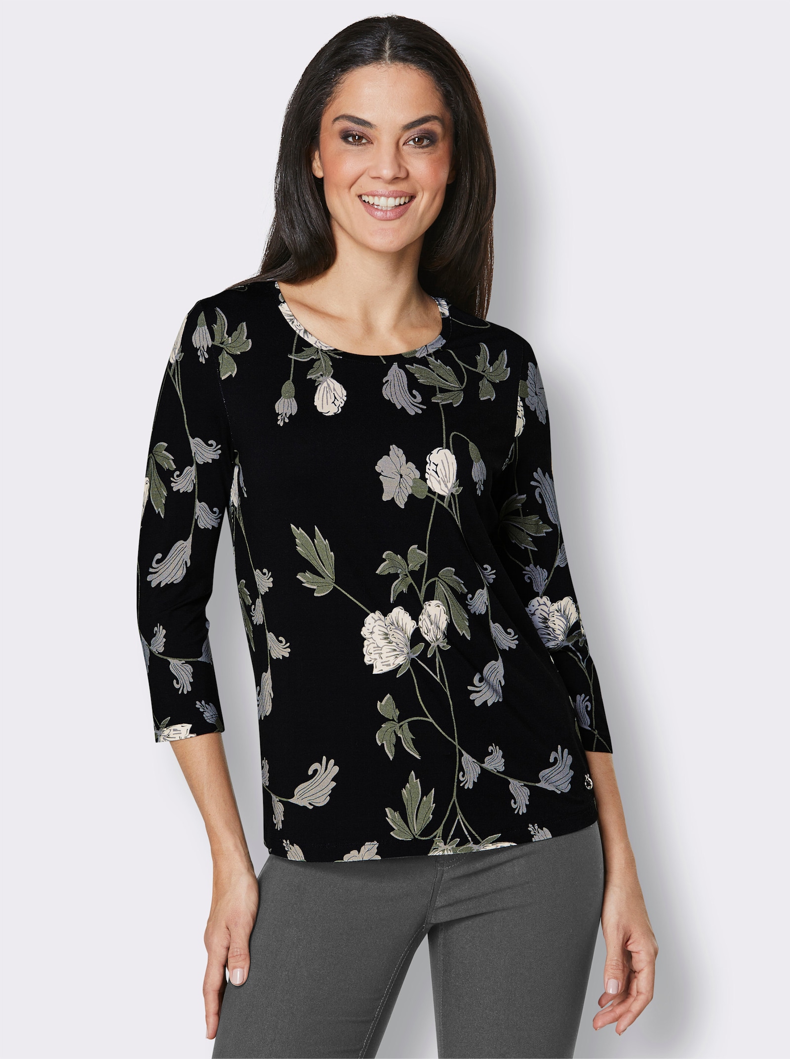 CREATION L PREMIUM 3/4-Arm-Shirt aus Viskose und Seide - schwarz-khaki-bedruckt