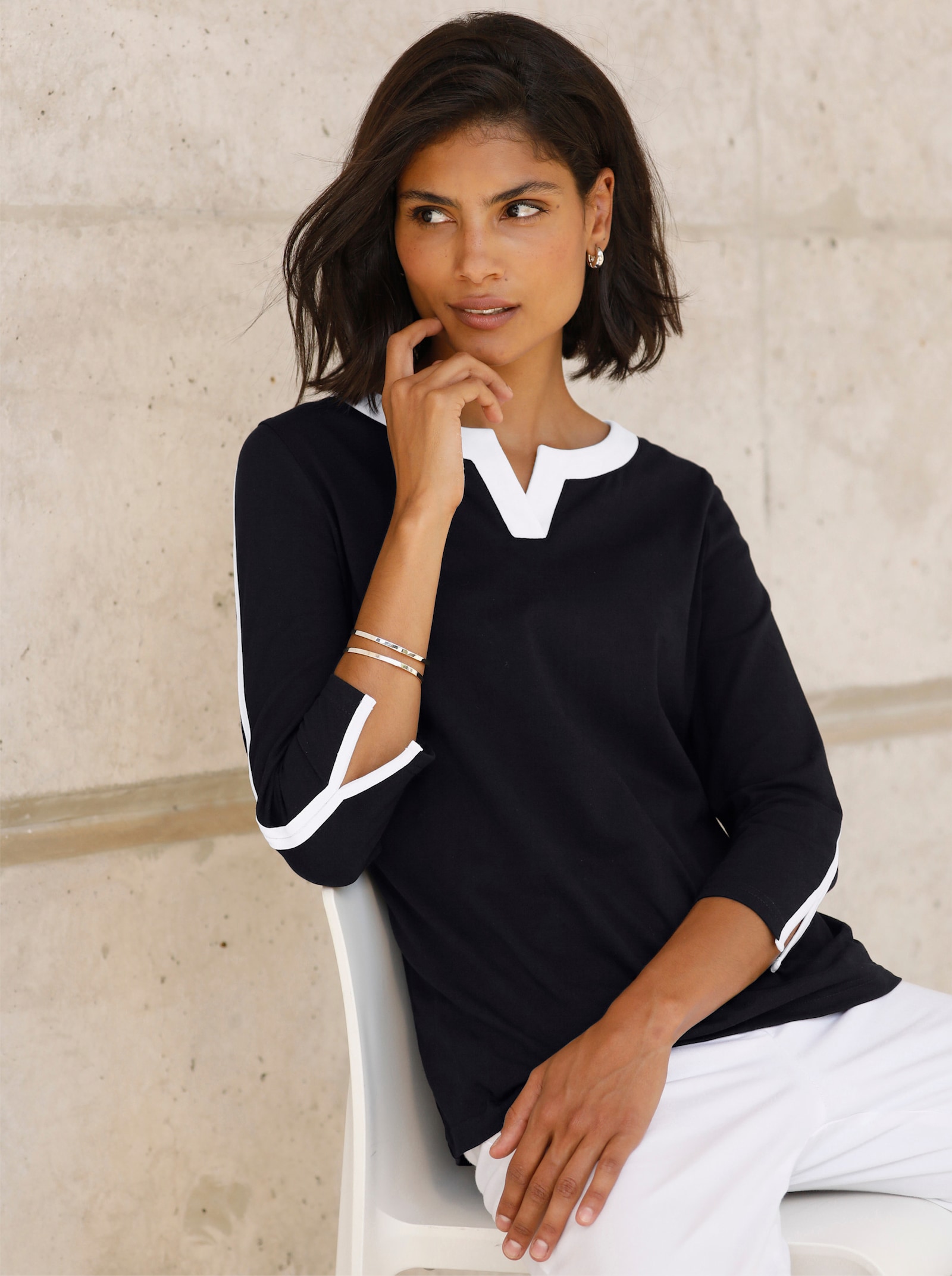 Shirt met 3/4-mouwen en contrastkleurige details - zwart/wit