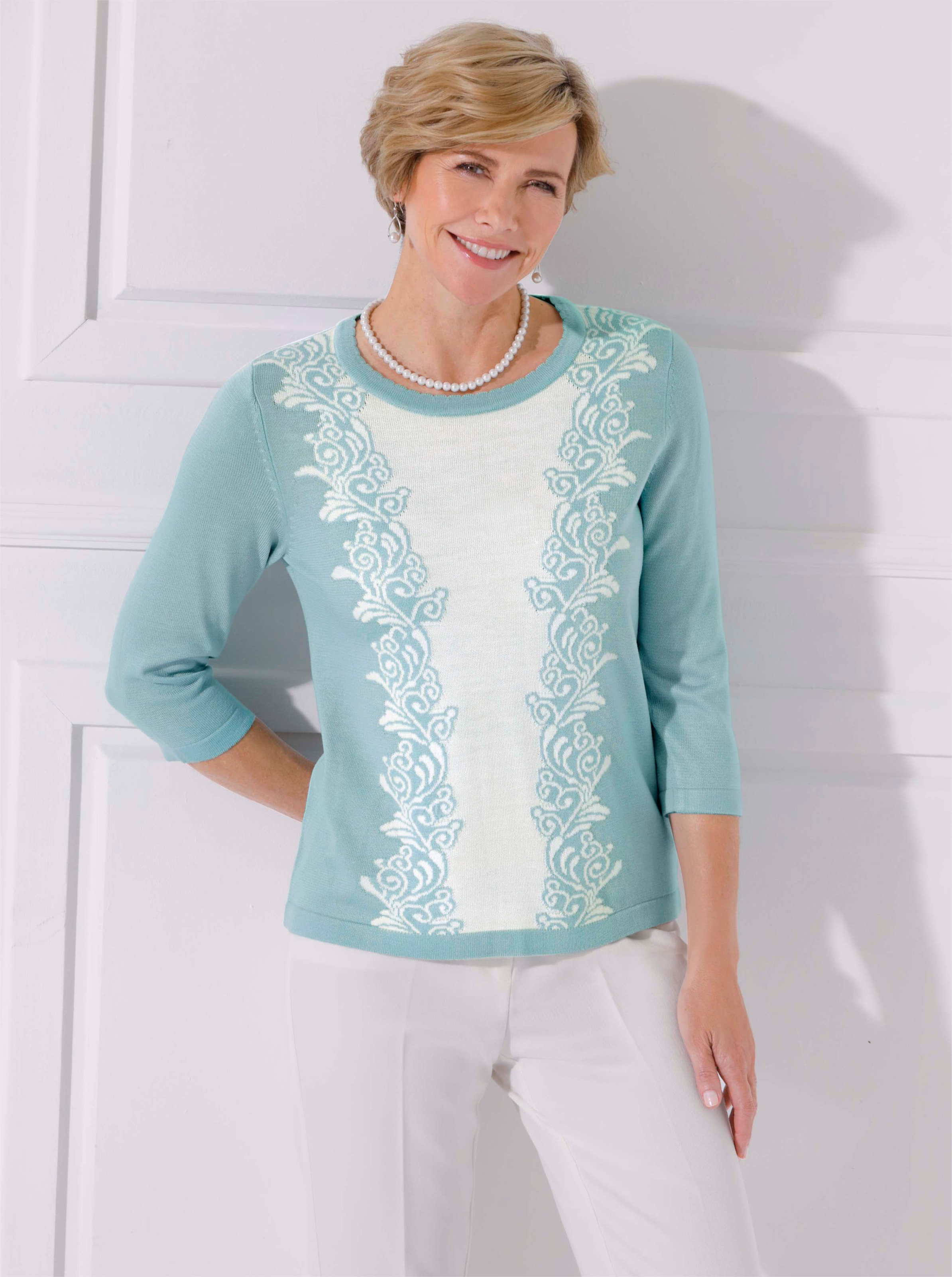 Witt Damen Pullover, mint-ecru-gemustert