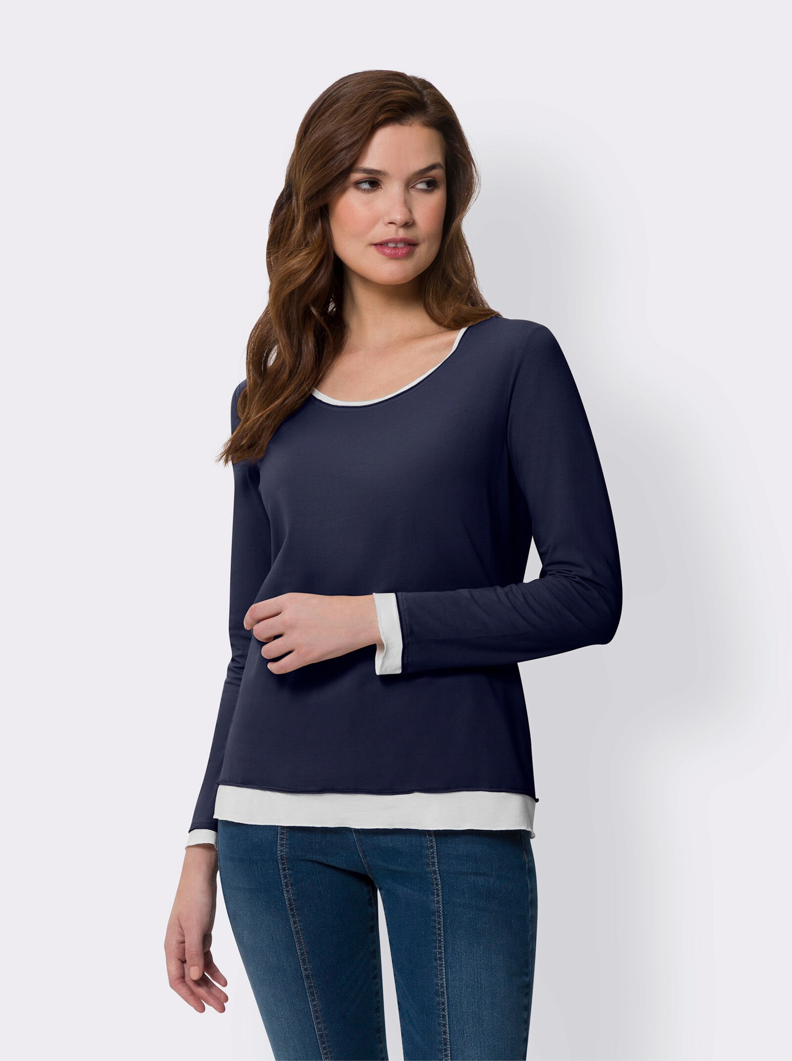heine 2-in-1-Langarmshirt im Lagen-Look - marine-ecru