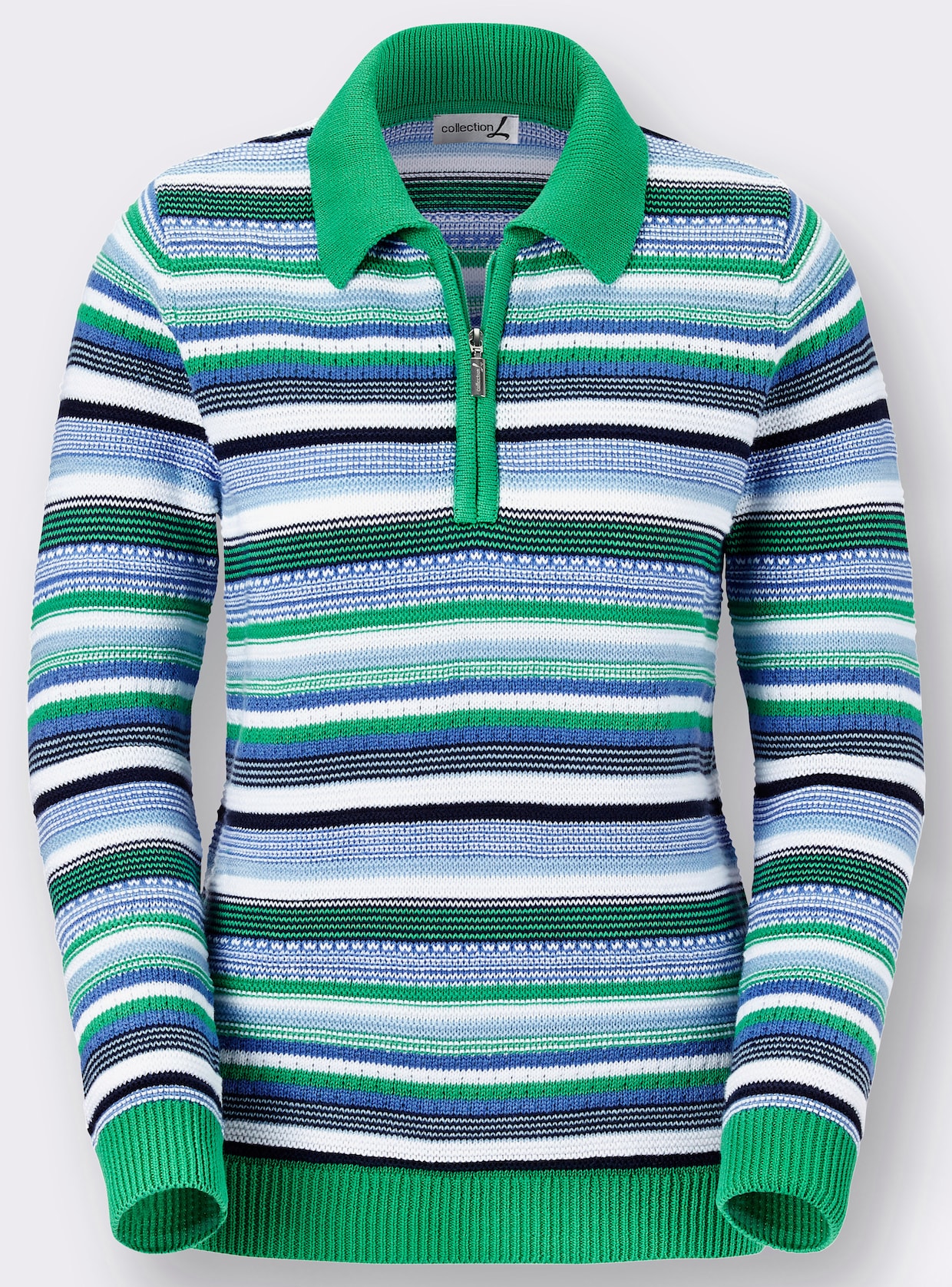 Langarm-Pullover - grün-blau-geringelt