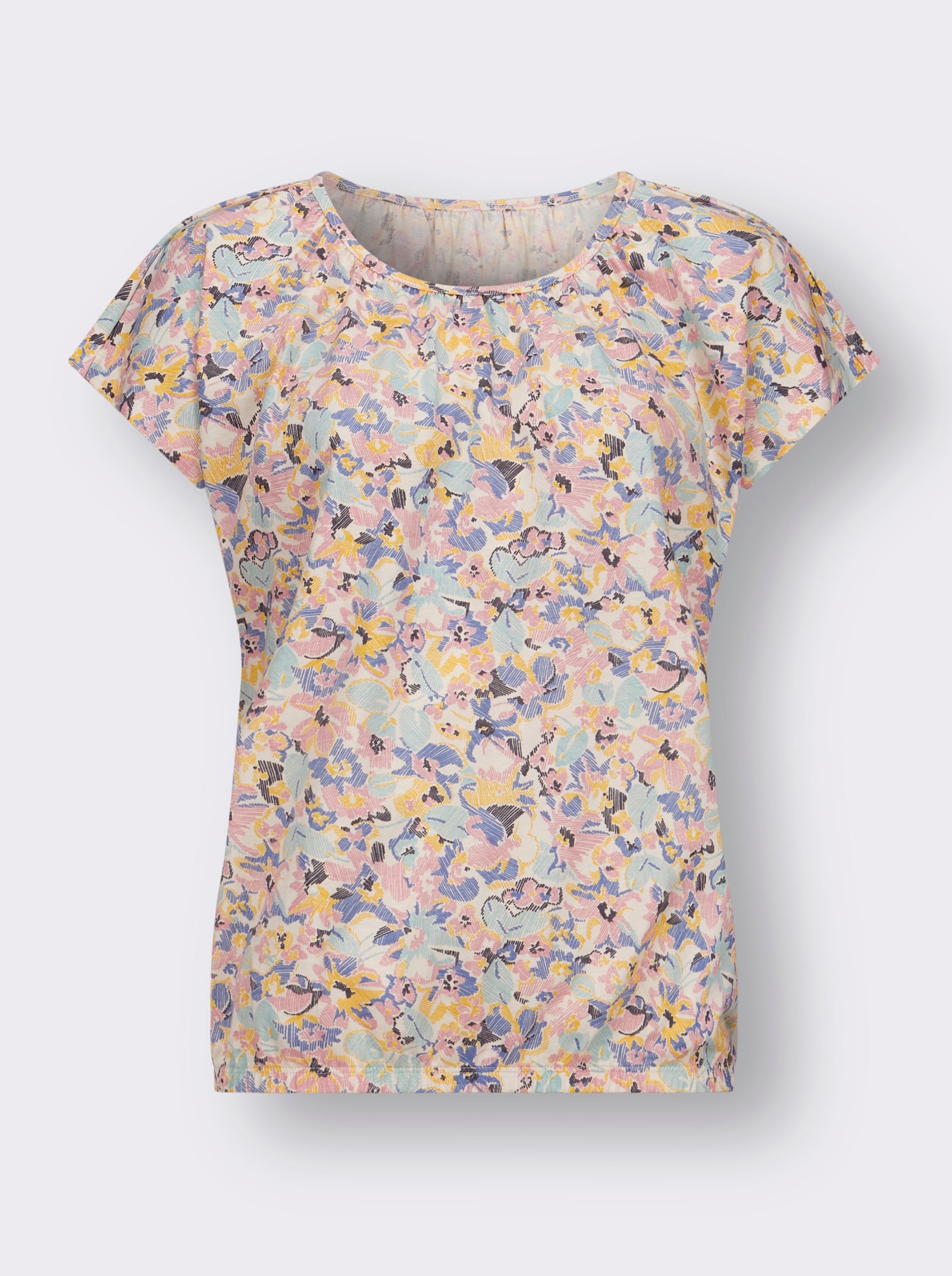 Tričko s krátkým rukávem a elastickým dolním lemem - šampaňská-růženínová-potisk