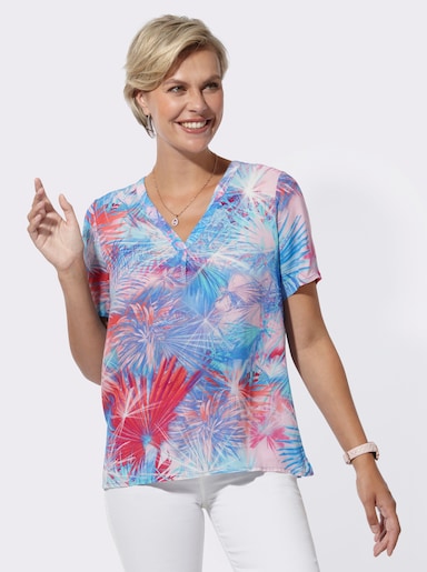 Schlupfbluse mit Kellerfalte - aqua-blaugrün-bedruckt