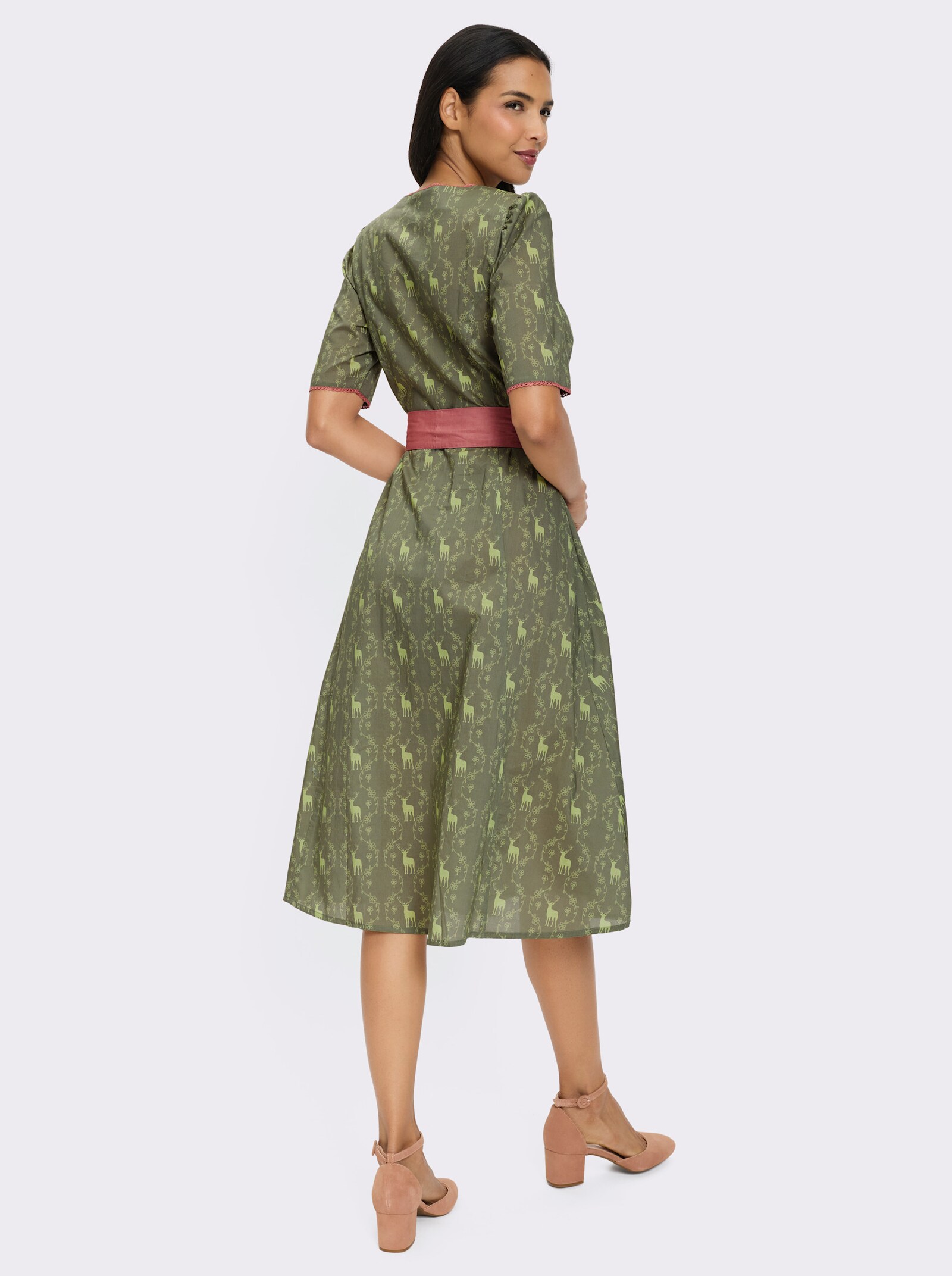 Trachtenkleid mit Knöpfen in Holz-Optik - khaki-lindgrün-bedruckt