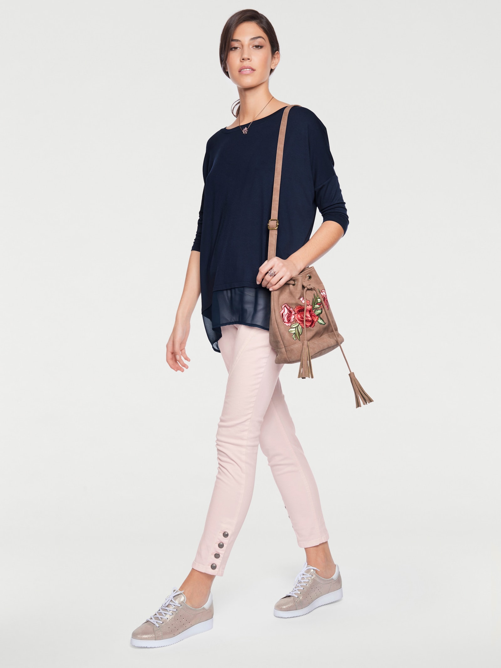 heine Oversize-Shirt mit Chiffon-Saum - marine