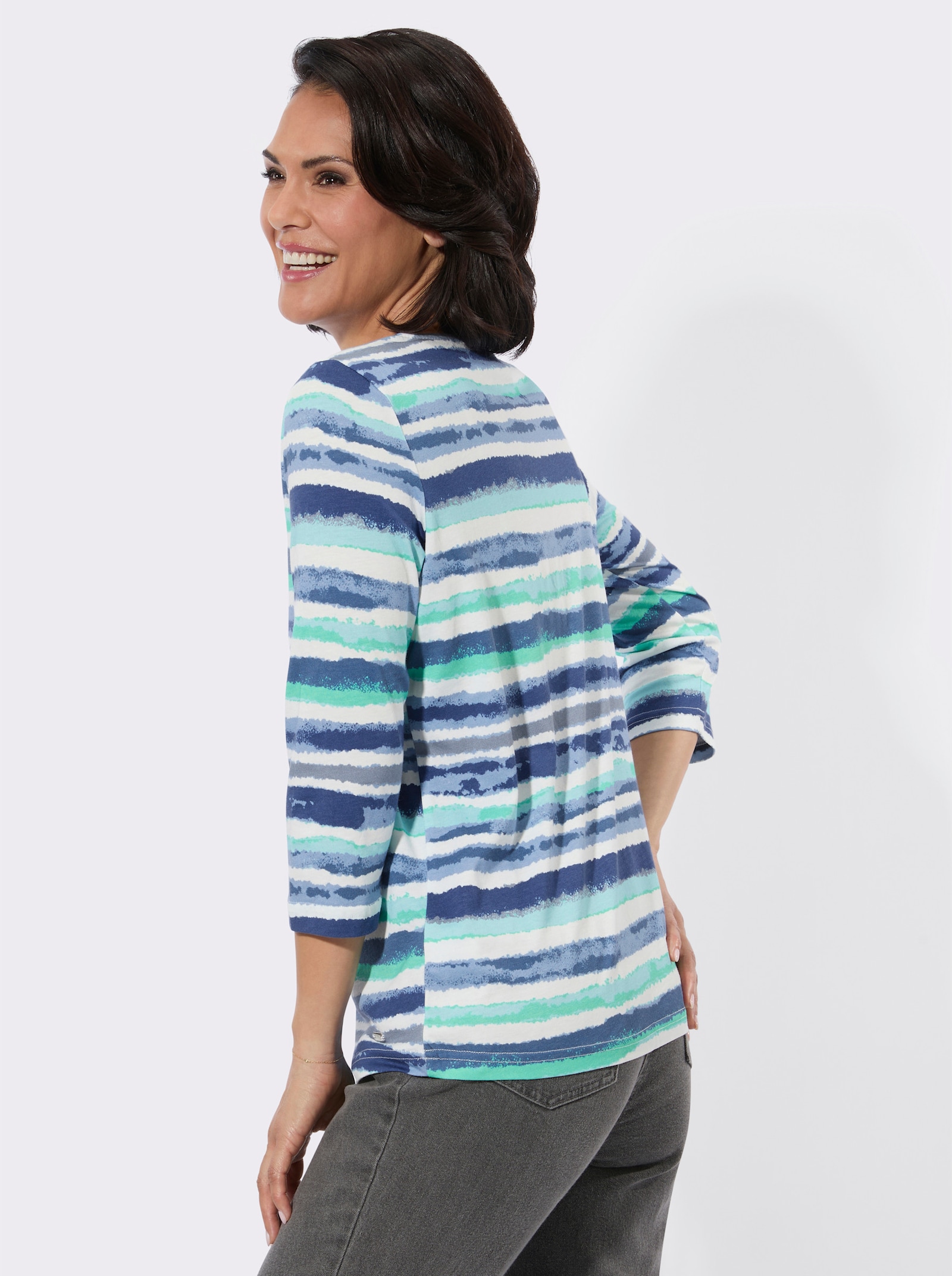 Rundhalsshirt im Ringelmuster - mint-ecru-bedruckt