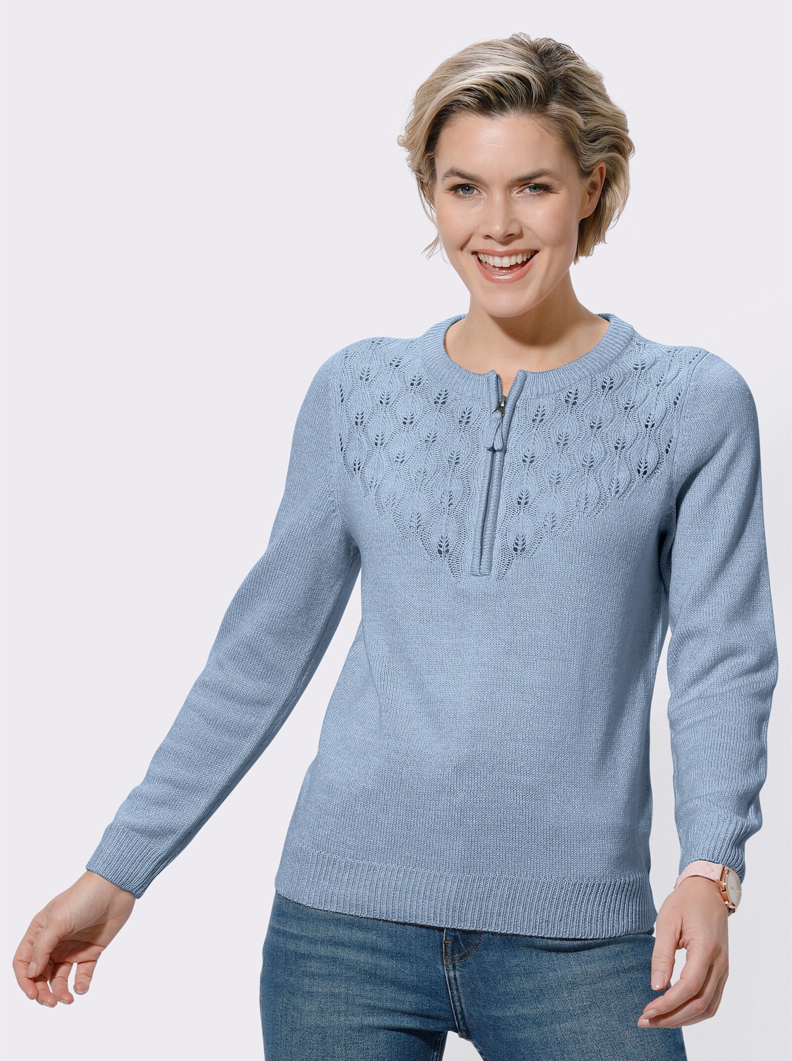 Rundhalspullover mit kurzem Reißverschluss - bleu-meliert
