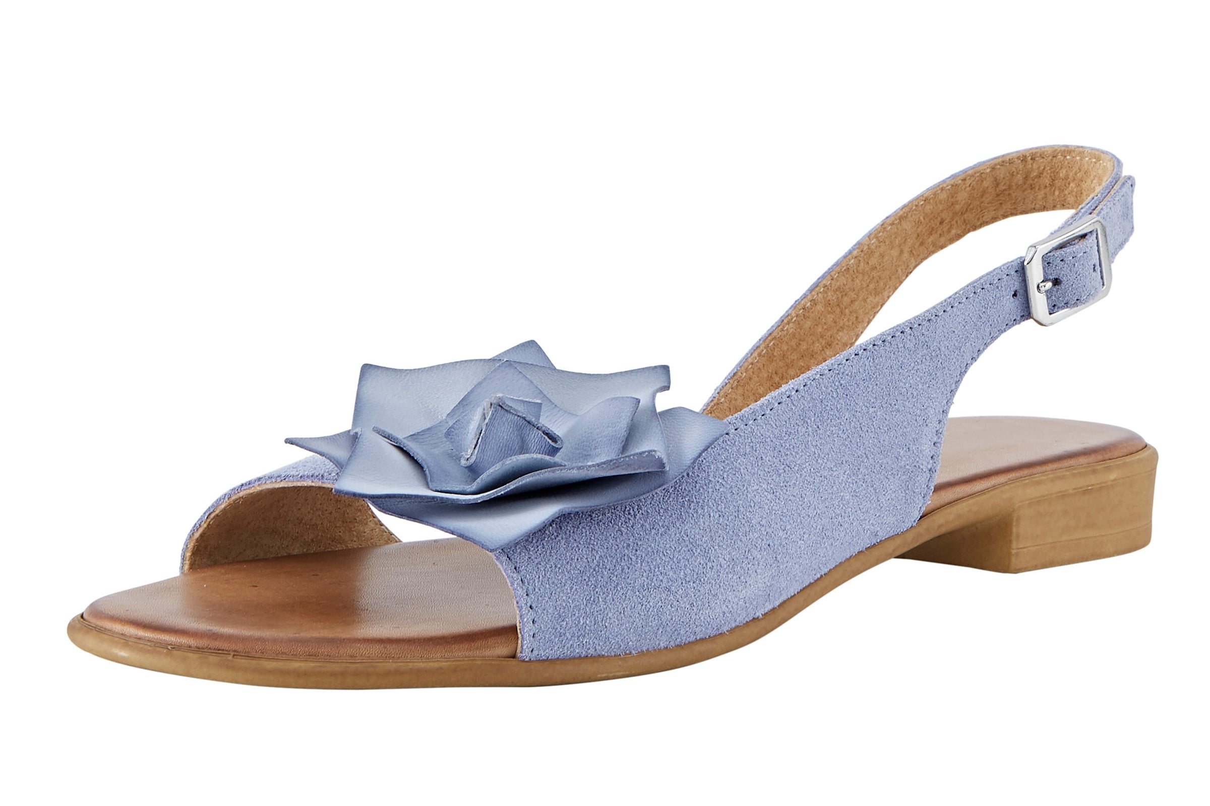Rind günstig Kaufen-Sandale in bleu von heine. Sandale in bleu von heine <![CDATA[Sandale Made in Italy. Mit romantischer Blüten-Applikation. Aus Kalb-Velours- bzw. Rind-Nappaleder. Futter und Innensohle: Leder. Absatzhöhe ca. 10 mm.]]>. 