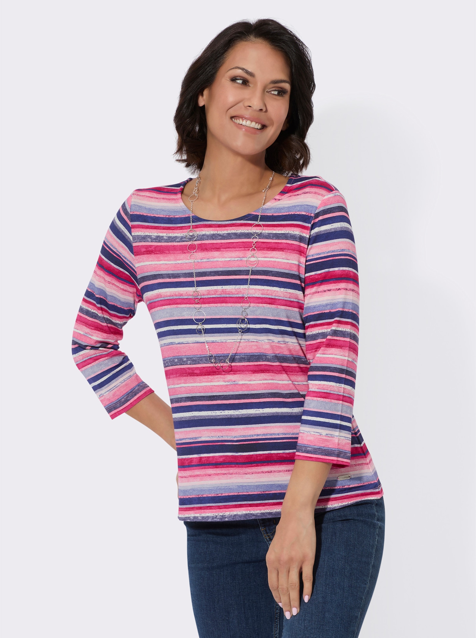 Rundhalsshirt mit 3/4-Ärmeln - altrosa-jeansblau-geringelt