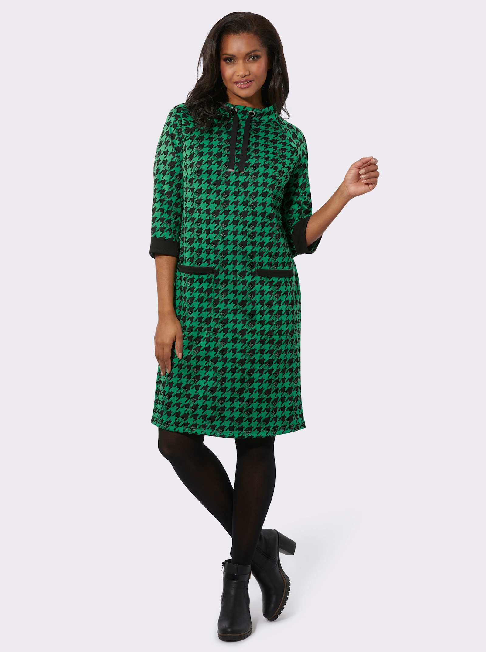 Jerseykleid mit Kontrast-Akzenten - grasgrün-schwarz-gemustert