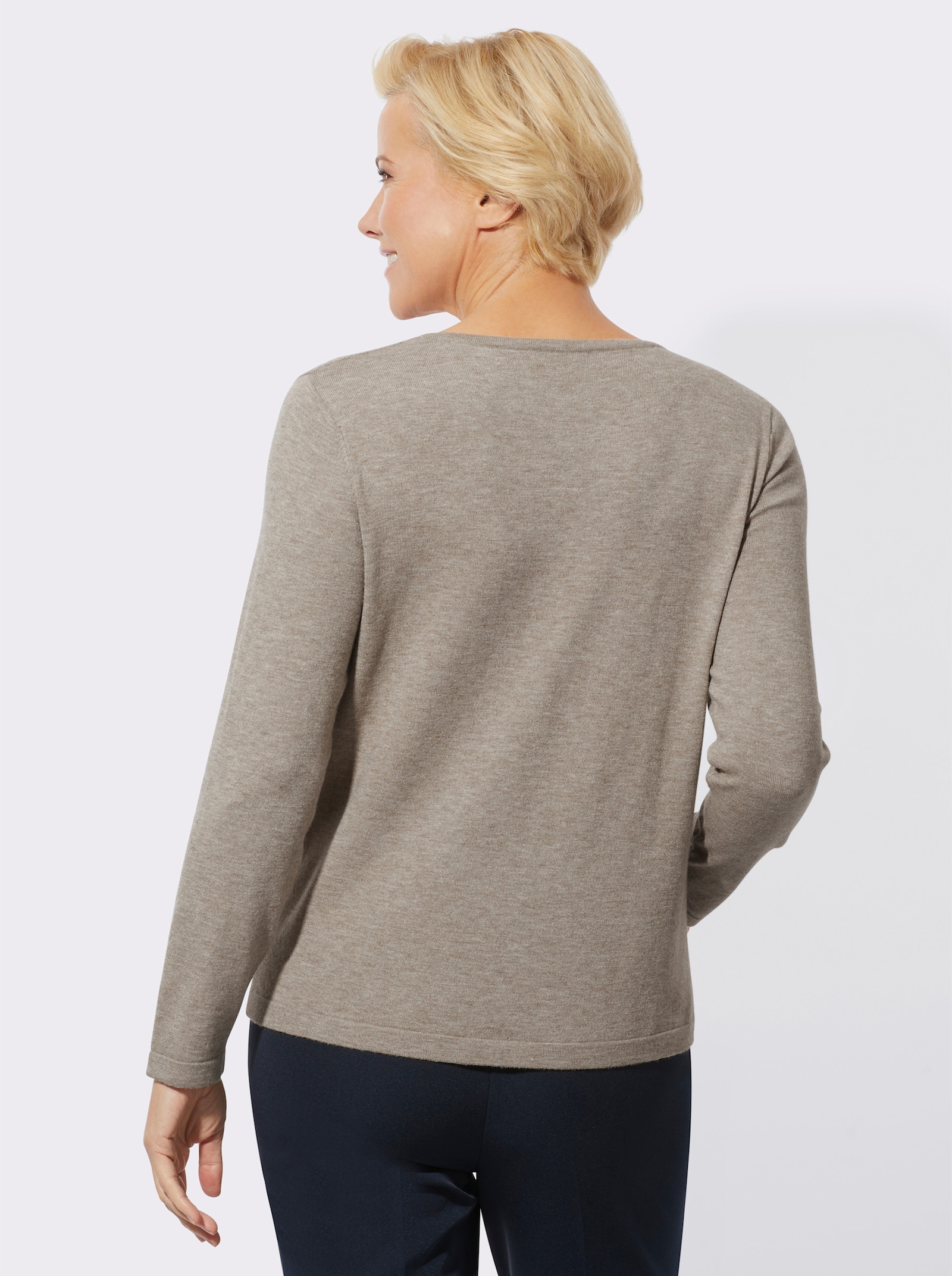 Pullover met V-hals, met golvende randen - sesam gemêleerd