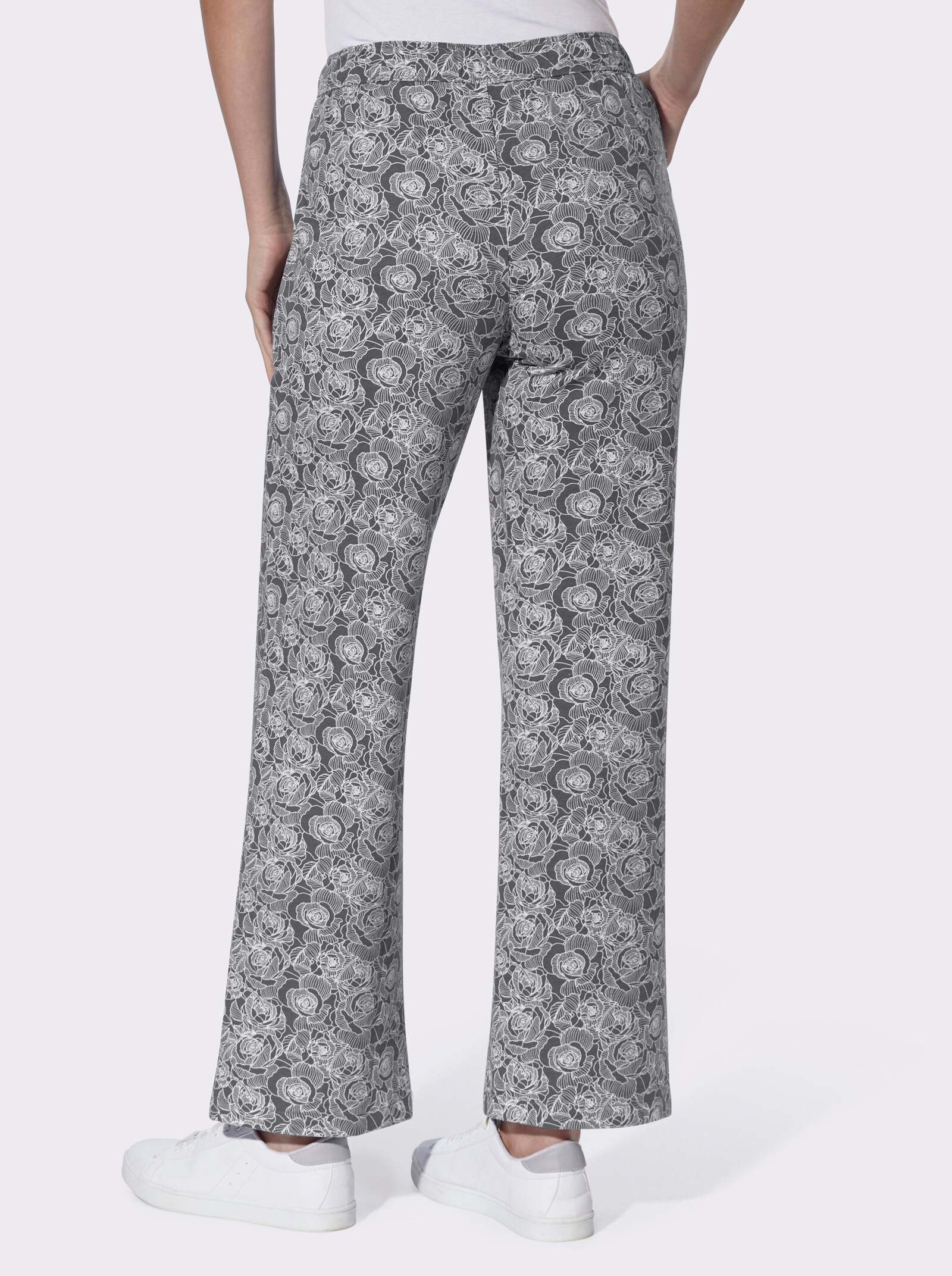 Freizeithose im floralen Dessin - anthrazit-ecru-bedruckt