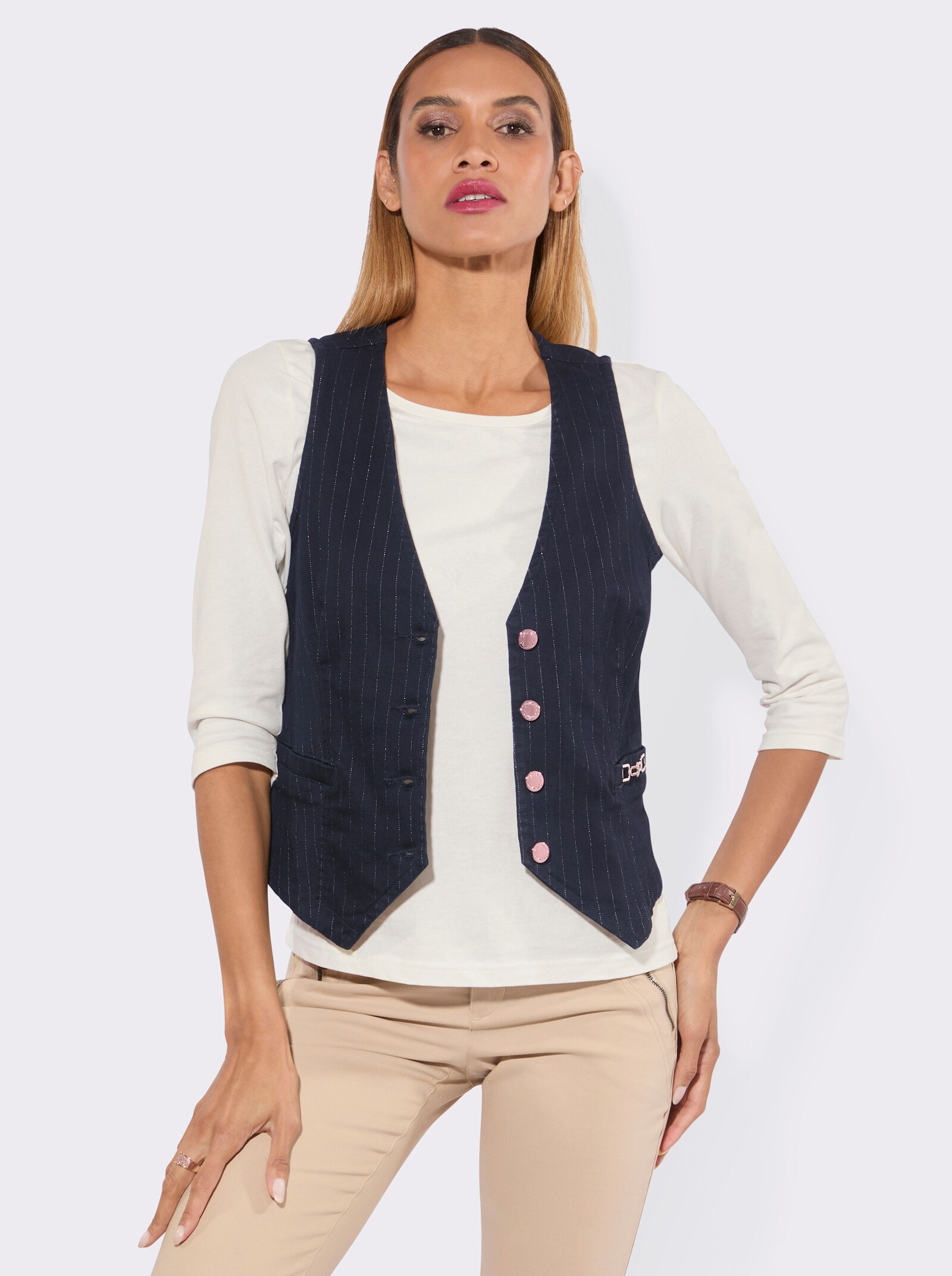 Jeansweste mit Zierspange - dark blue-roségoldfarben-gestreift