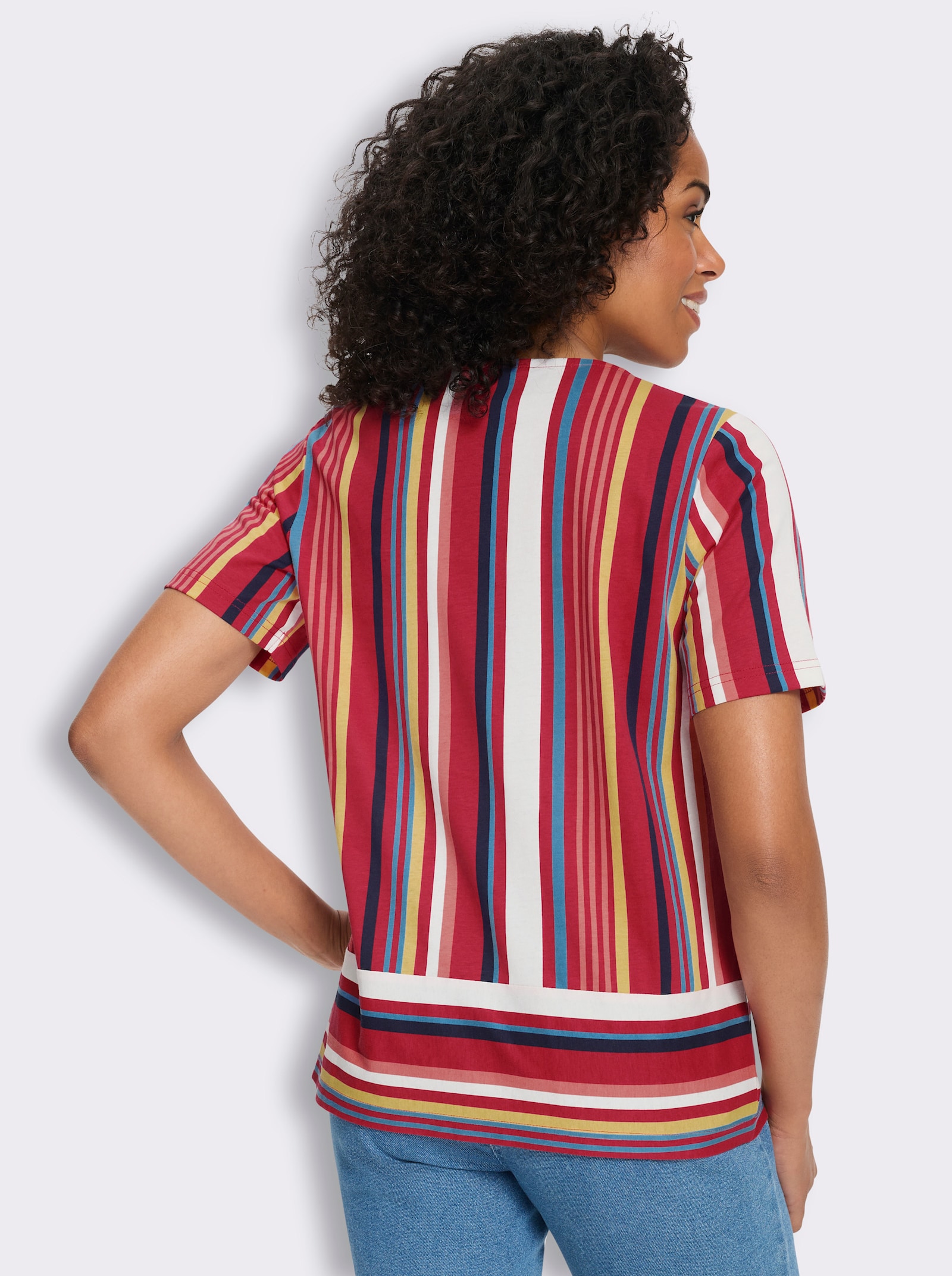 Shirt met korte mouwen en verticale strepen, katoen - aardbei/marine bedrukt