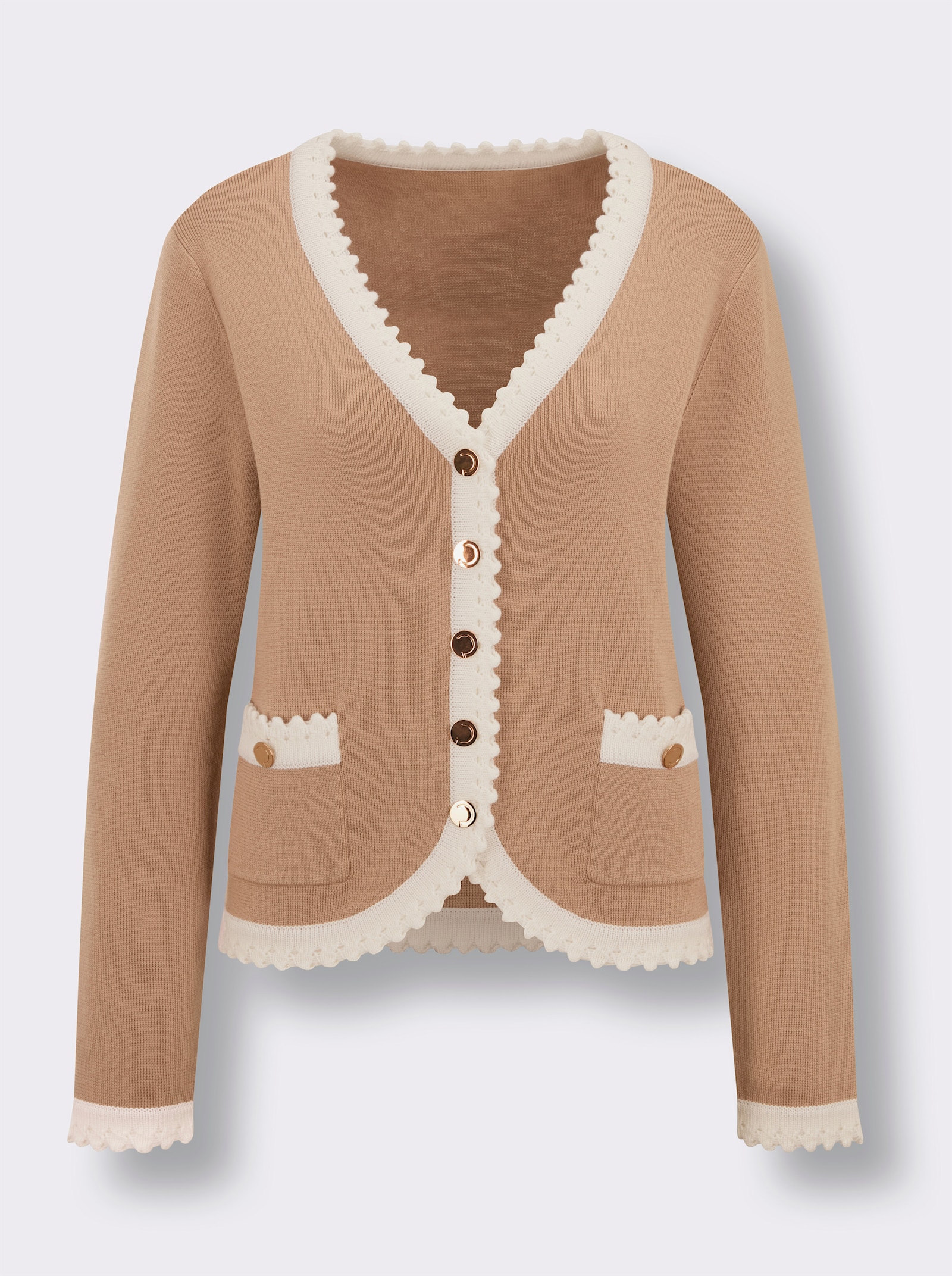 CREATION L PREMIUM Pullover mit Zierknopfleiste - camel-ecru