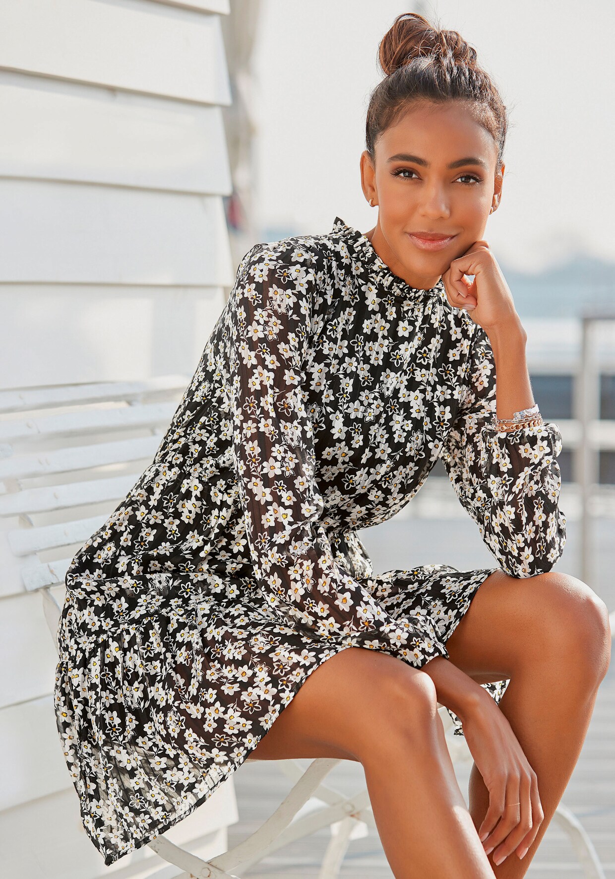 LASCANA Chiffon jurk - zwart/wit geprint