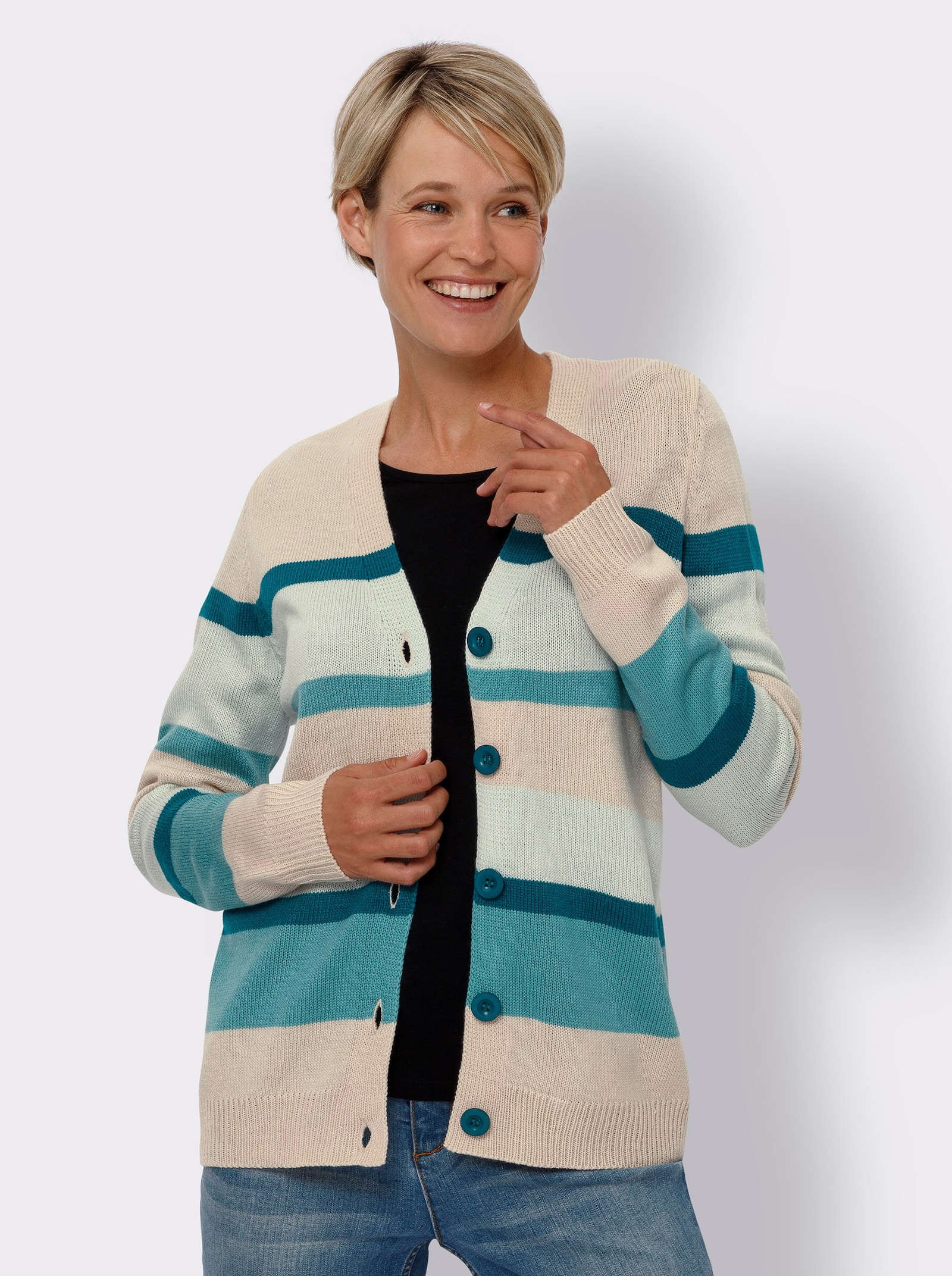 Strickjacke im Streifenmuster - elfenbein-kalkmint-geringelt