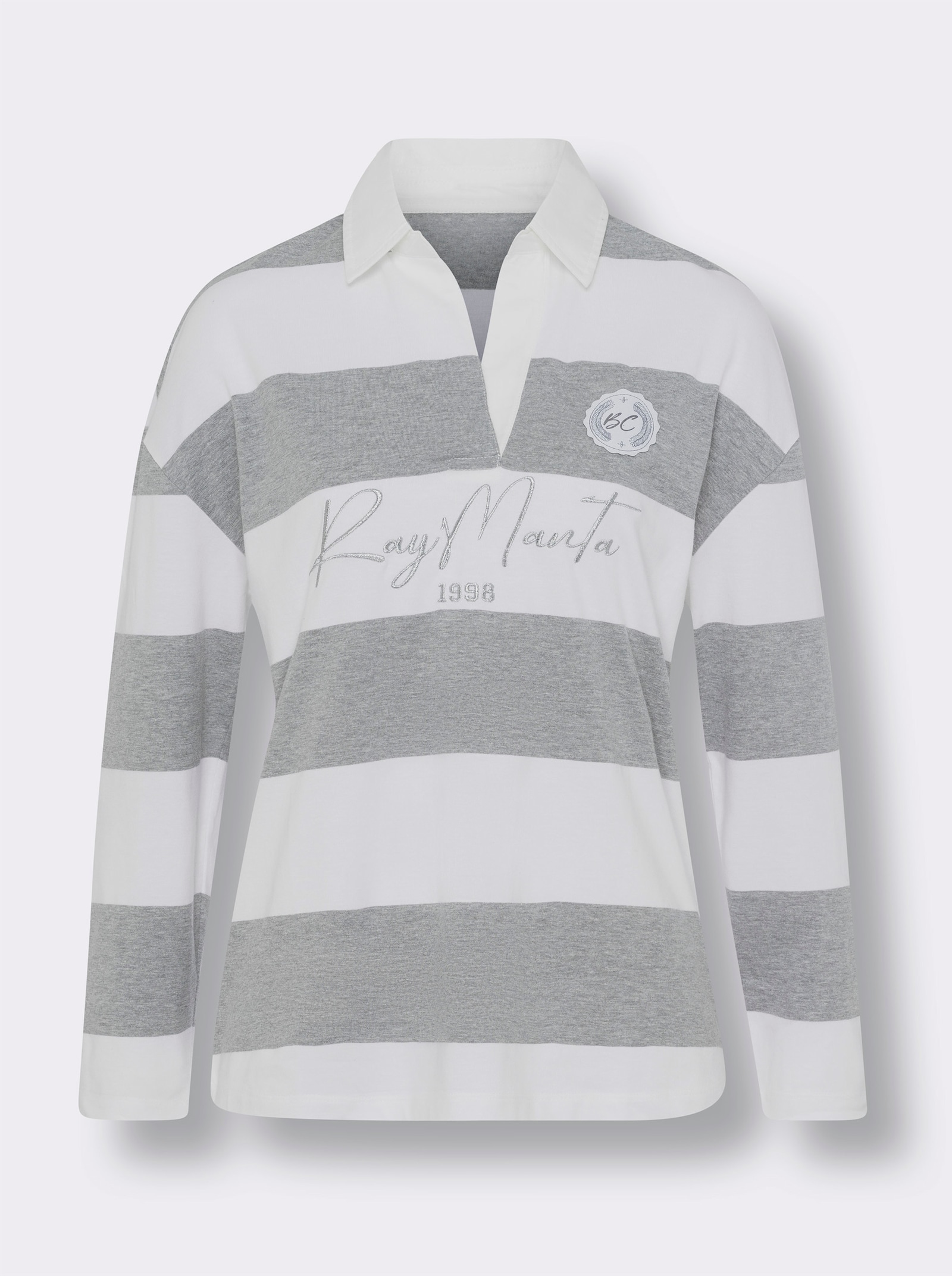 heine Langarm-Poloshirt mit Streifen - grau-ecru-bedruckt