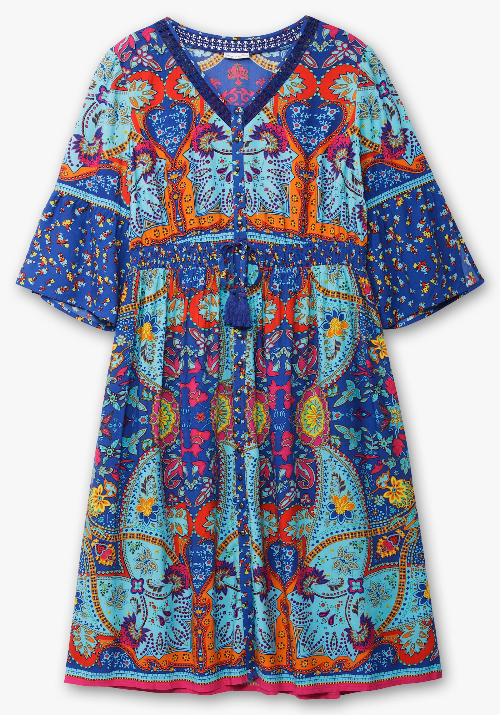 sheego by Joe Browns Maxikleid im Boho-Stil, mit Taillen-Smokbund - blau gemustert