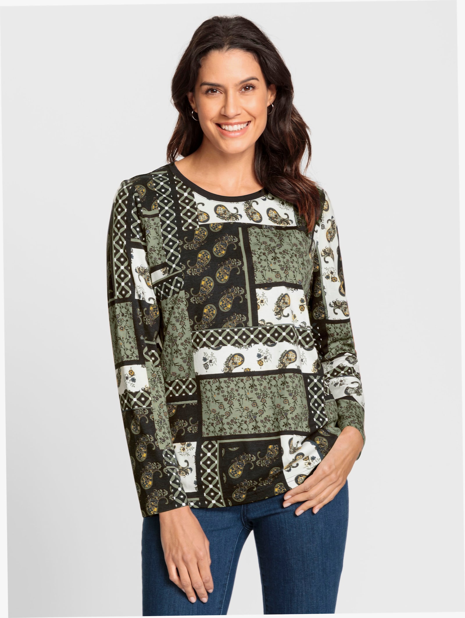 Shirt met lange mouwen in patchworkdessin - olijf geprint