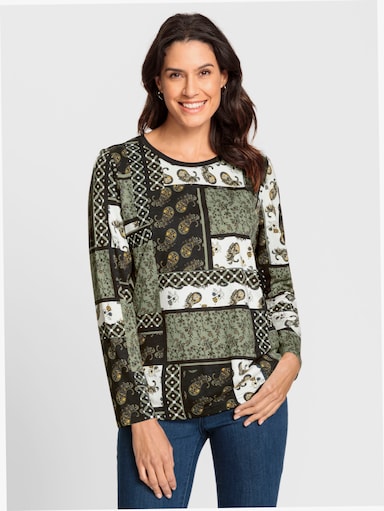 Langarmshirt im Patchwork-Dessin - oliv-bedruckt