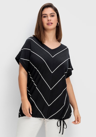 sheego Streifenshirt mit Bindeband am Saum - schwarz-weiss