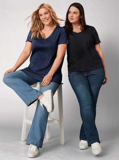 sheego T-shirt met V-hals, ribmateriaal - marine