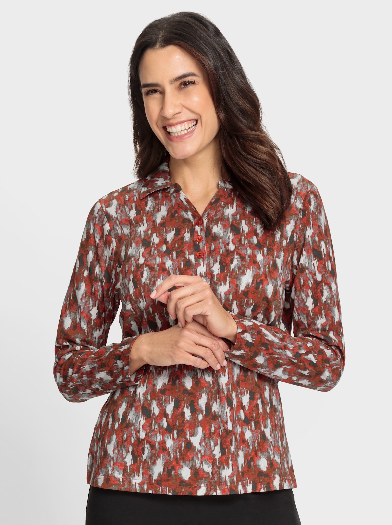 Poloshirt mit kurzer Knopfleiste - rostrot-graphit-bedruckt