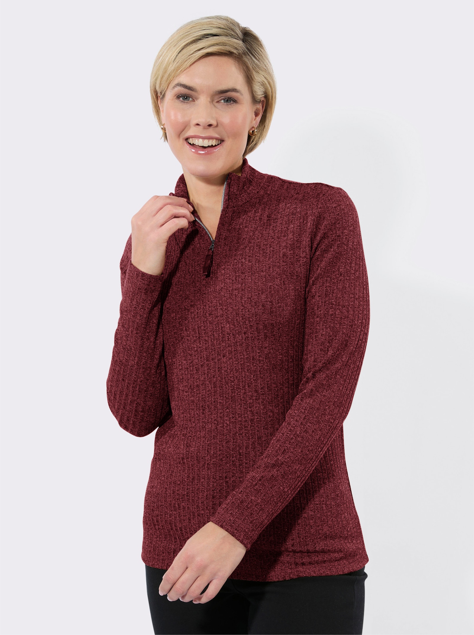 Rippshirt mit Troyerkragen - dunkelrot-meliert