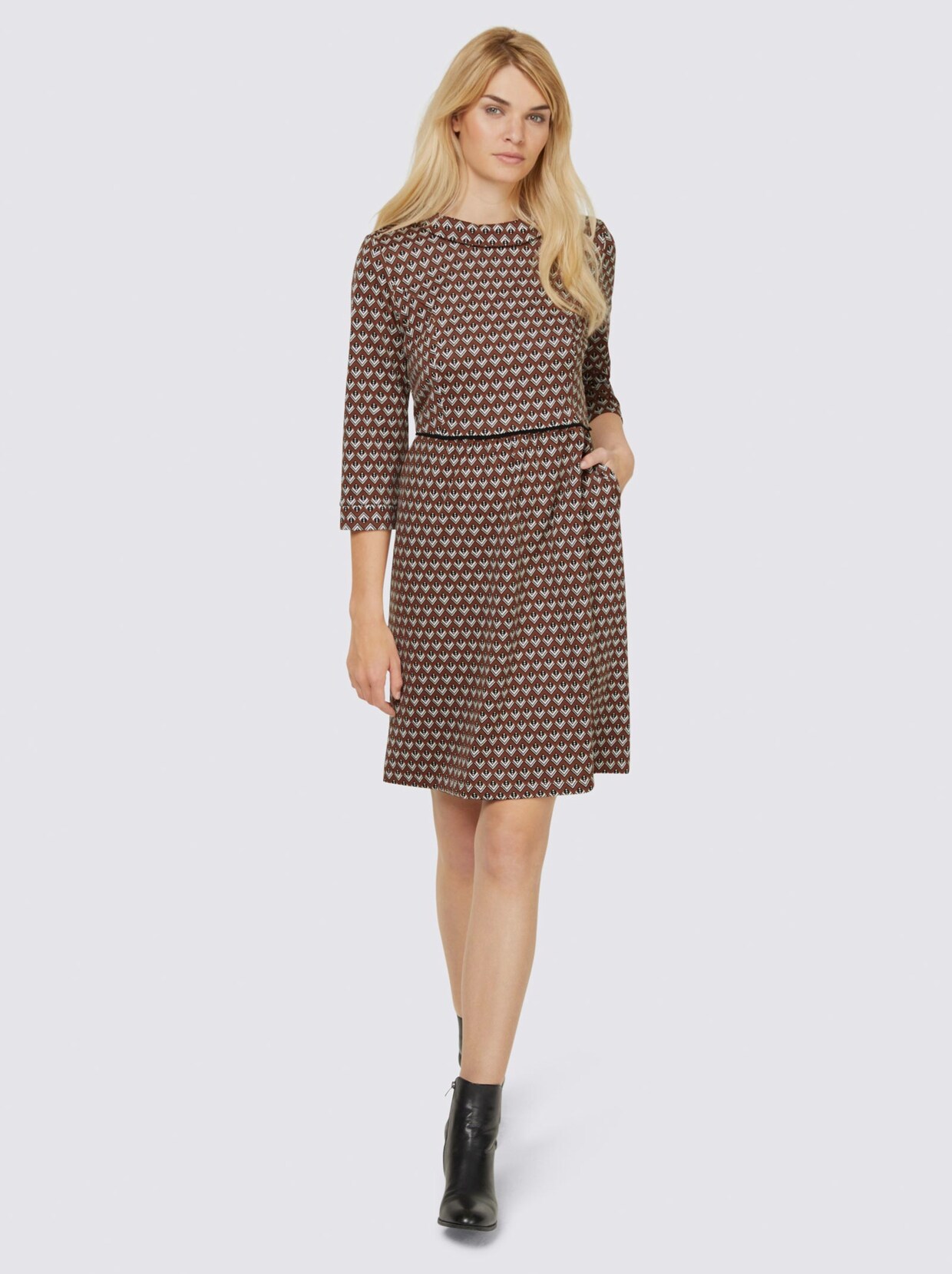 Linea Tesini Jacquard-Kleid - cognac-schwarz-gemustert