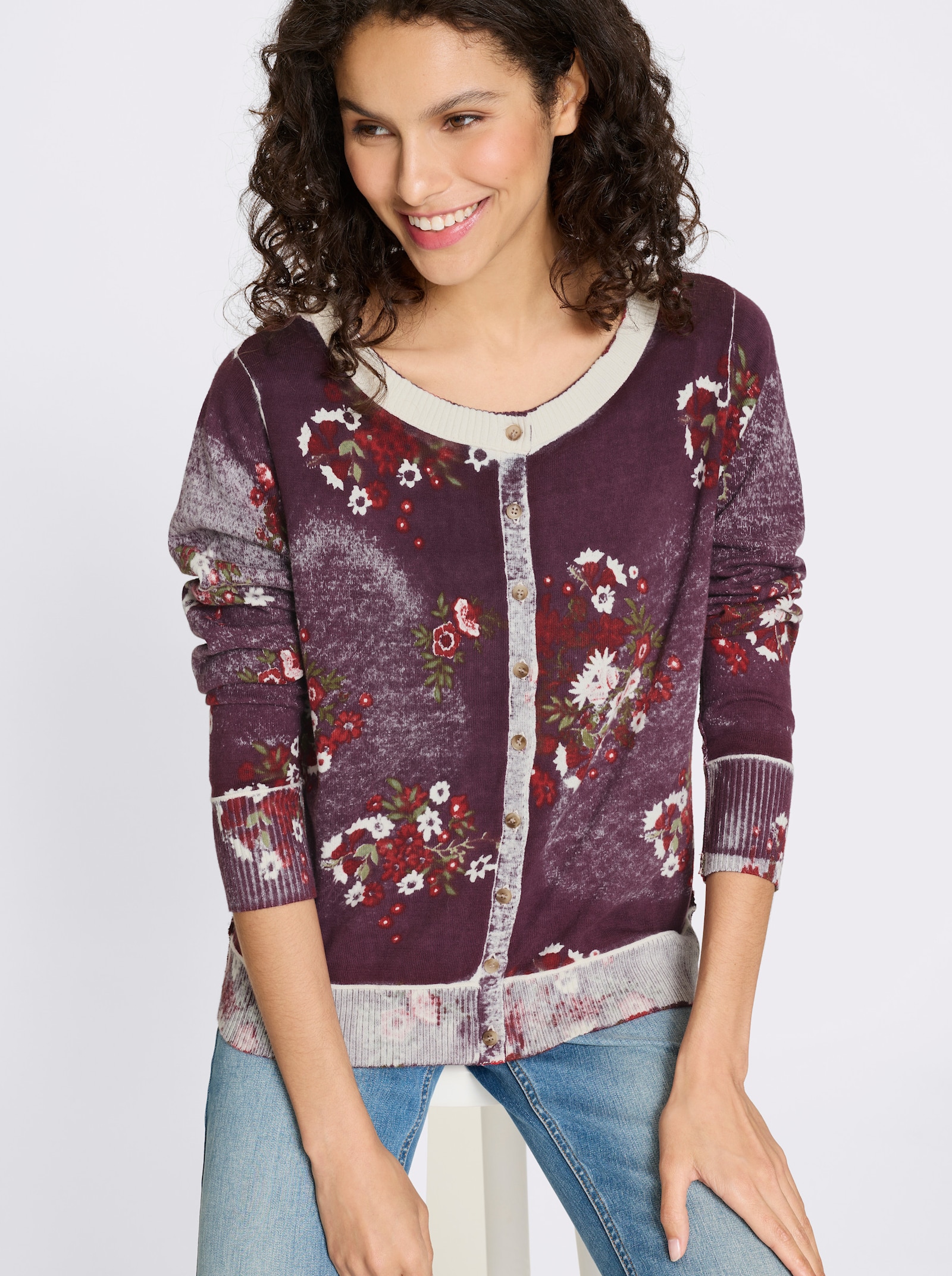 heine Strickjacke mit Blüten-Print - burgund-champagner-bedruckt