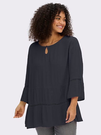 sheego Tunique à manches 3/4 avec bordure au motif ajouré - bleu foncé