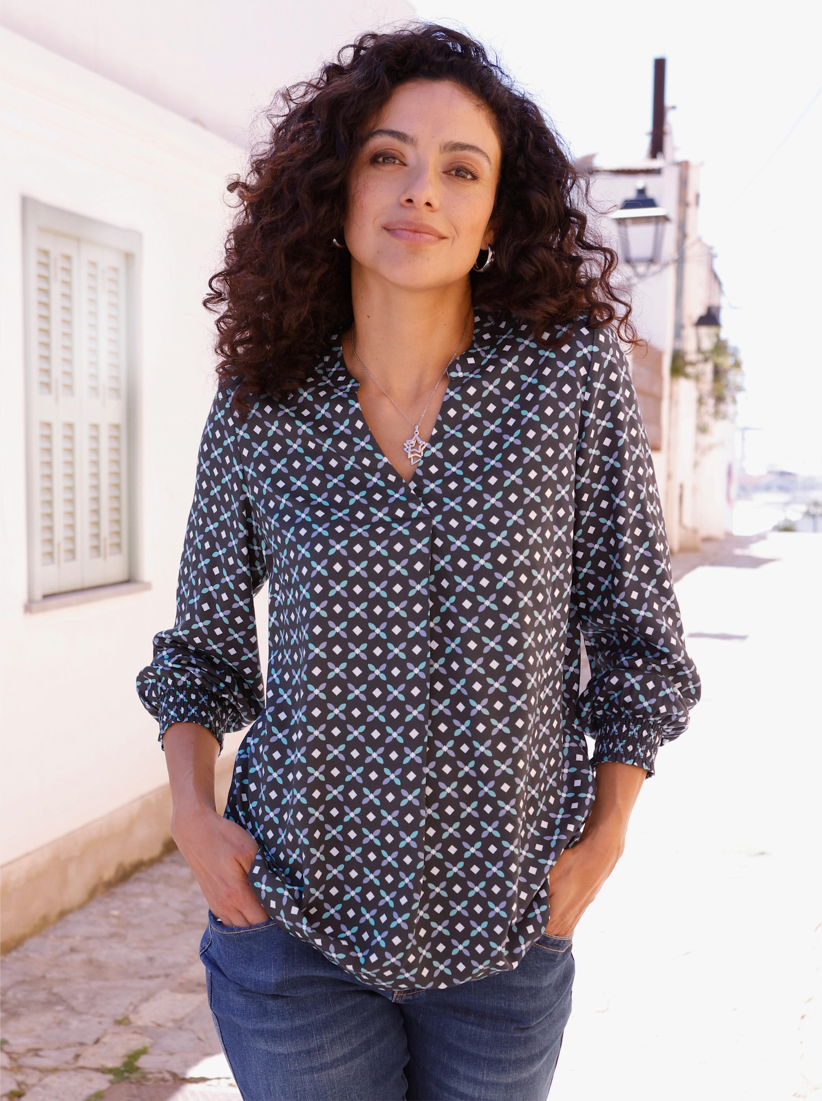 Longbluse mit Falte hinten - graphit-salbei-bedruckt