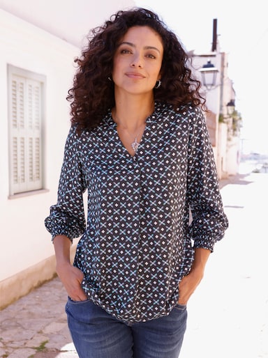Longbluse mit Falte hinten - graphit-salbei-bedruckt