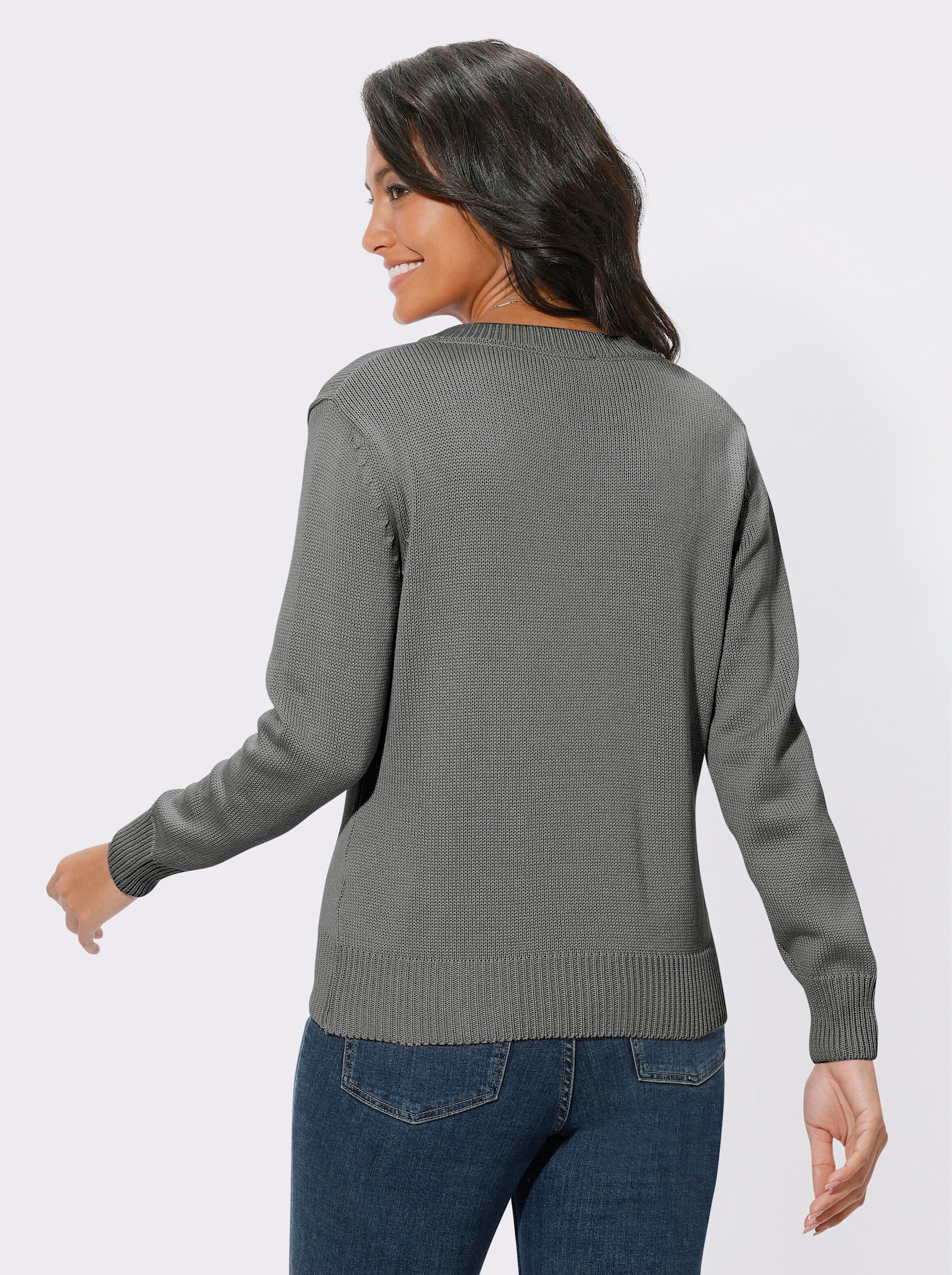 V-Ausschnitt-Pullover mit Baumwolle - grau-meliert
