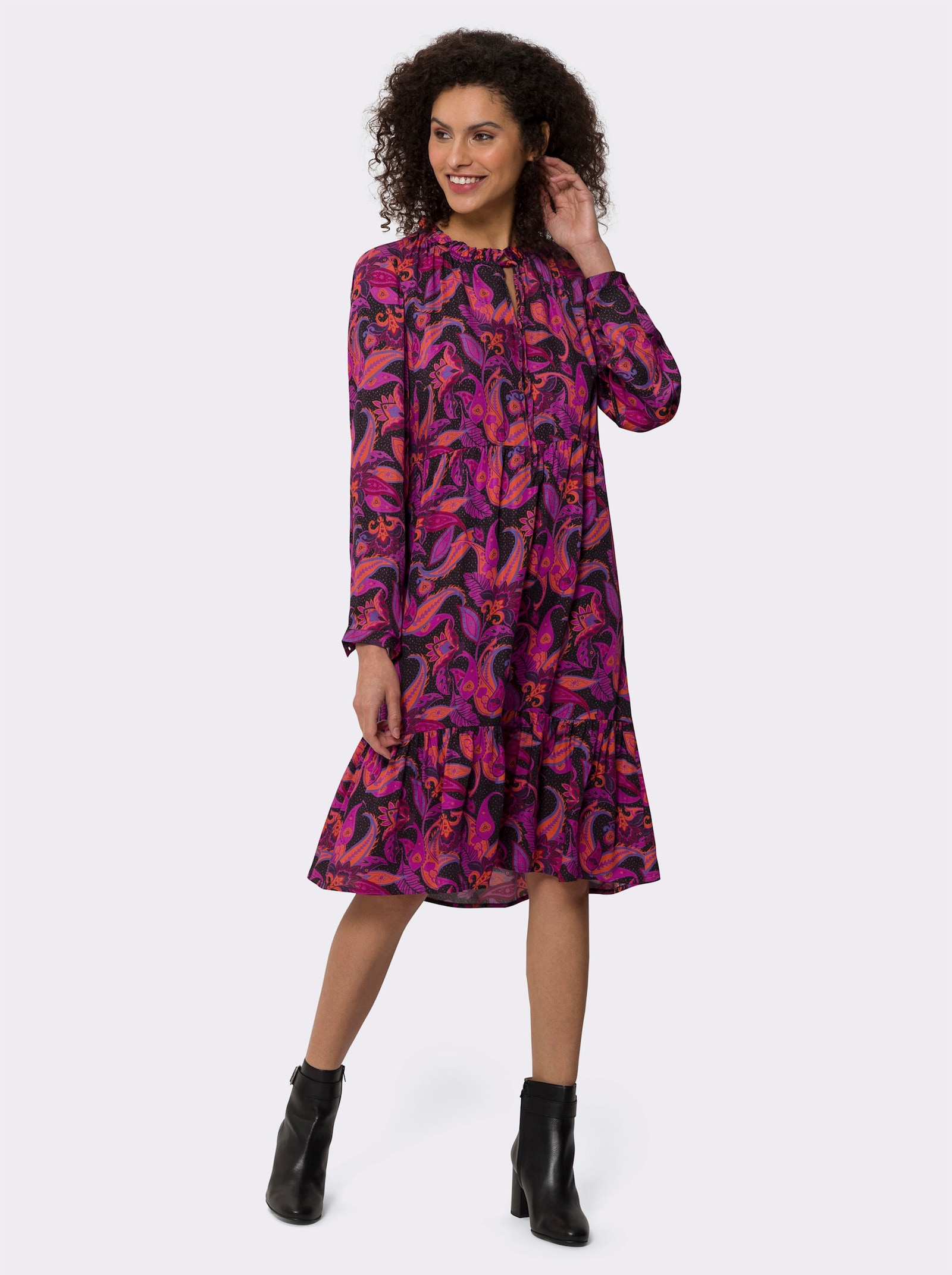 heine Volantkleid mit Langarm - rot-schwarz-bedruckt