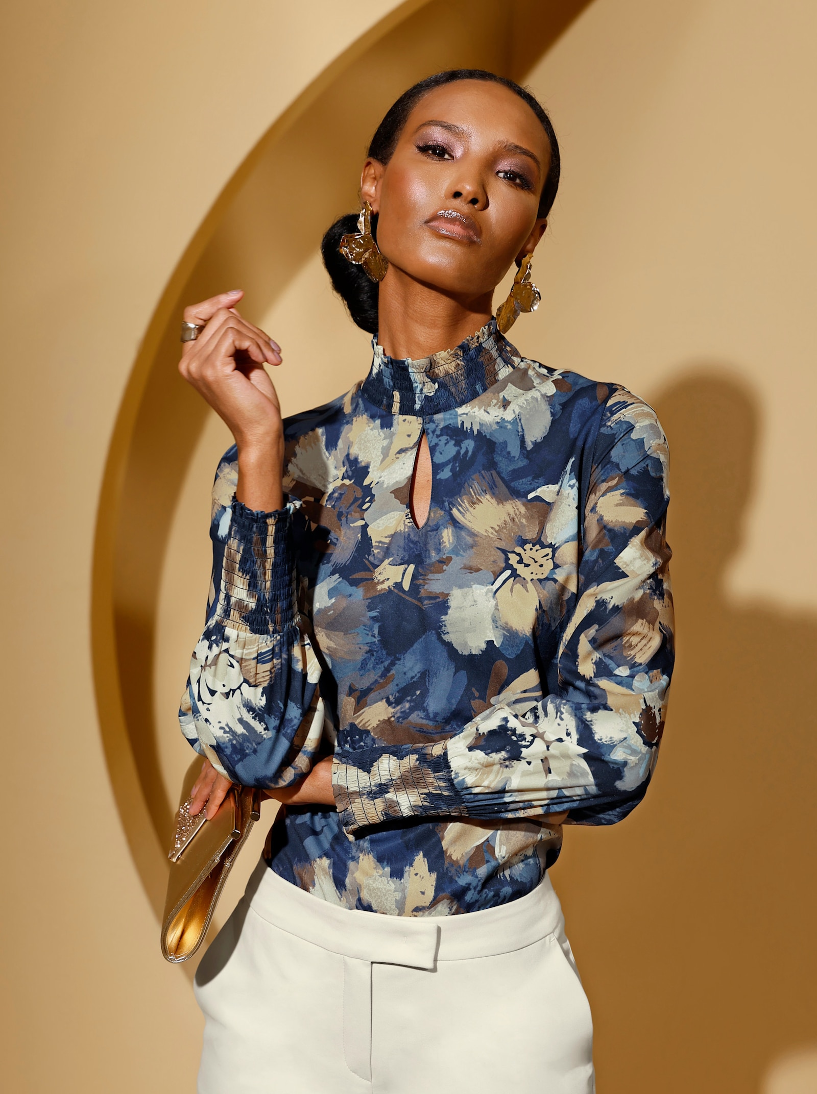 Bluse mit Stehkragen und Digital-Druck - marine-champagner-bedruckt