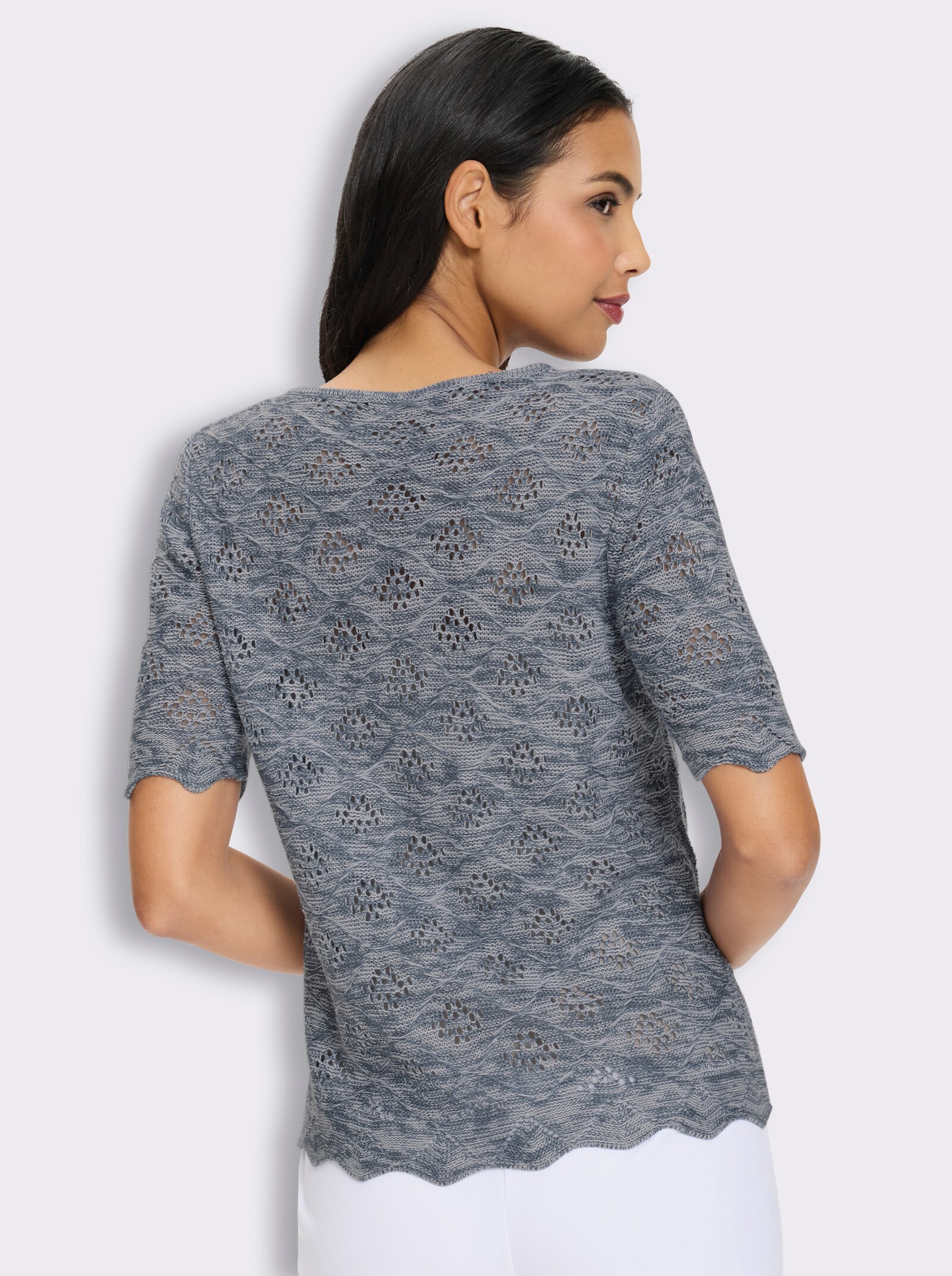 Kurzarmpullover mit Ajour-Muster allover - rauchblau-weiß-meliert