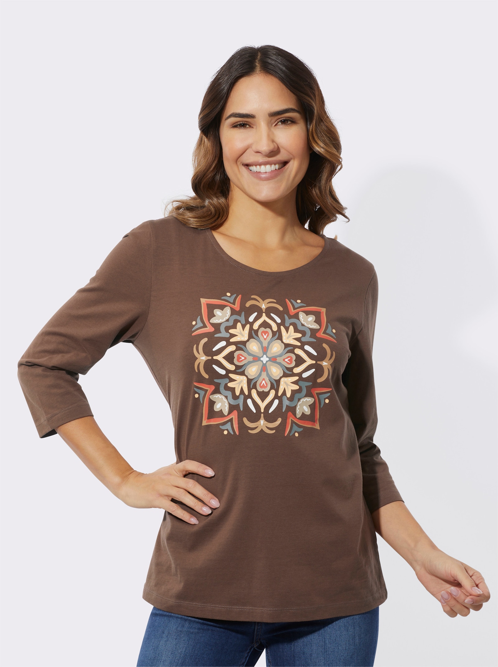 Tričko s 3/4 rukávmi a potlačou mandaly - Čokoláda – prírodný hodváb