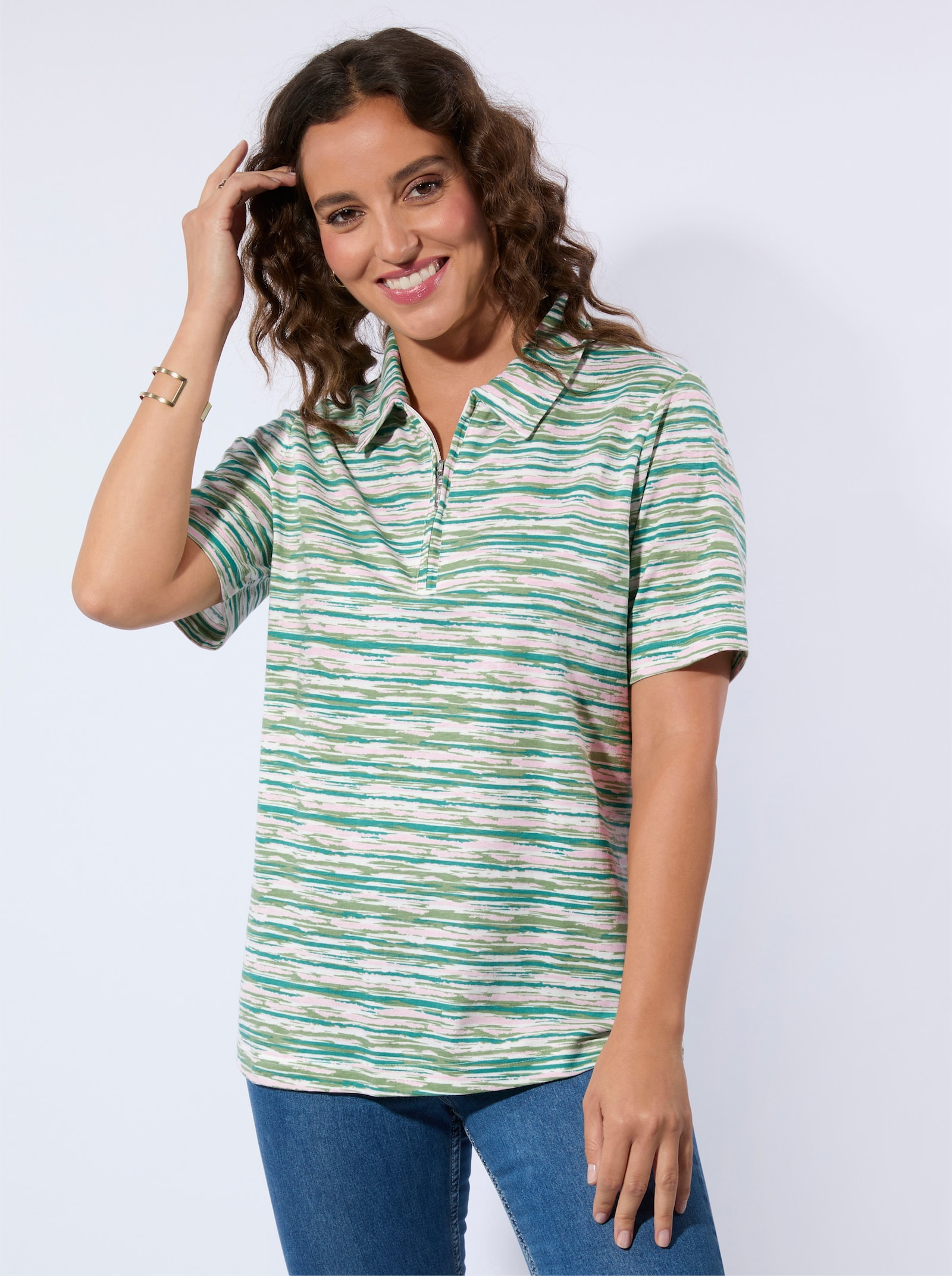 Poloshirt mit Nylon-Reissverschluss - eucalyptus-hellrosé-bedruckt