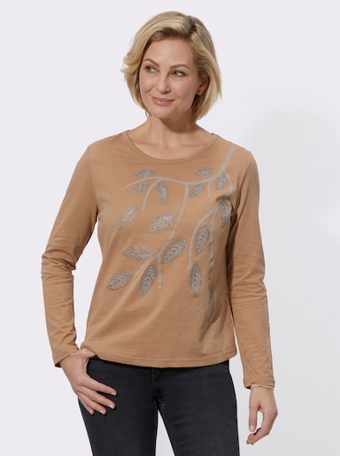 Langarmshirt mit glänzenden Blätter-Motiven - camel