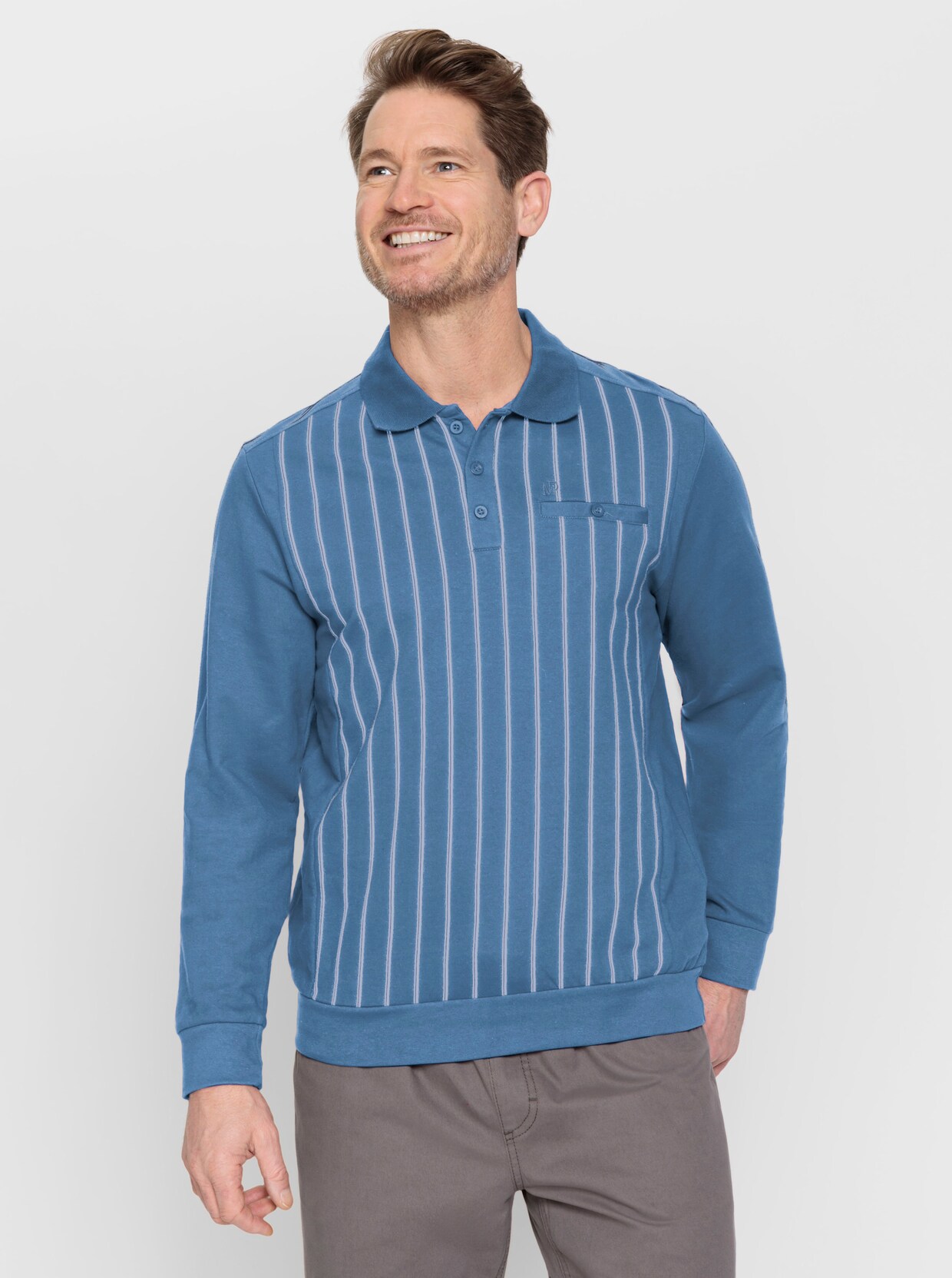 Marco Donati Poloshirt met lange mouwen - medium blauw gestreept