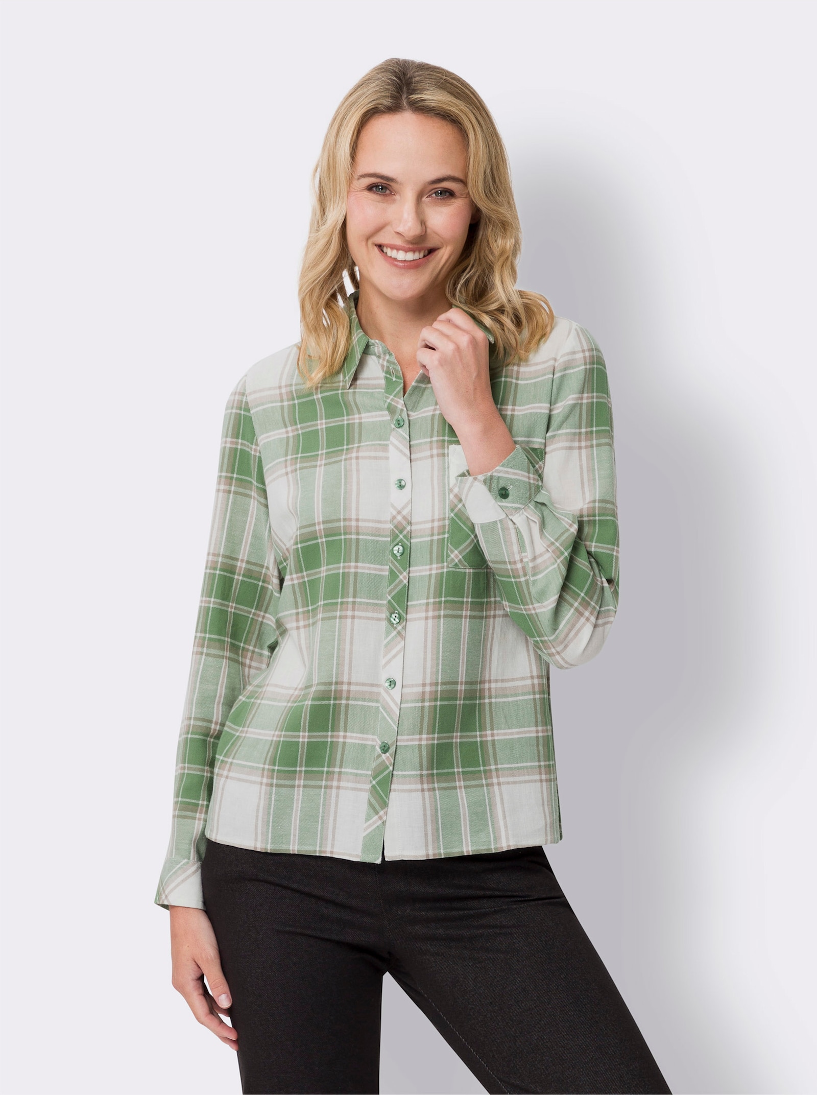 Flanellbluse mit Brusttasche - eucalyptus-ecru-kariert