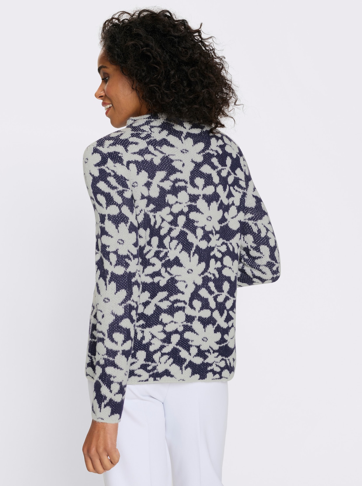 Pullover met opstaande kraag en effectgaren - marine/ecru gedessineerd
