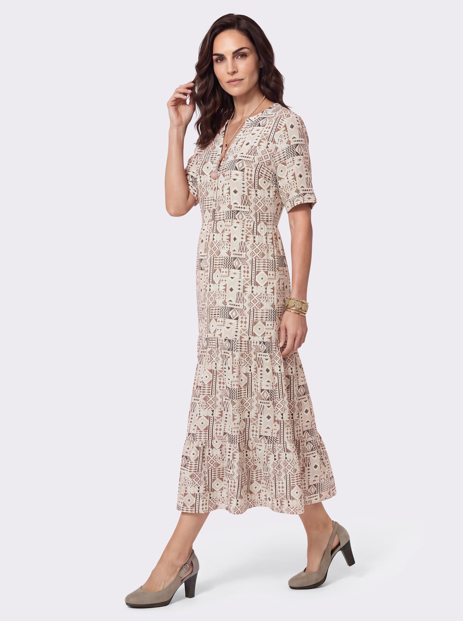 Druckkleid mit 2 Nahttaschen - sand-schwarz-bedruckt