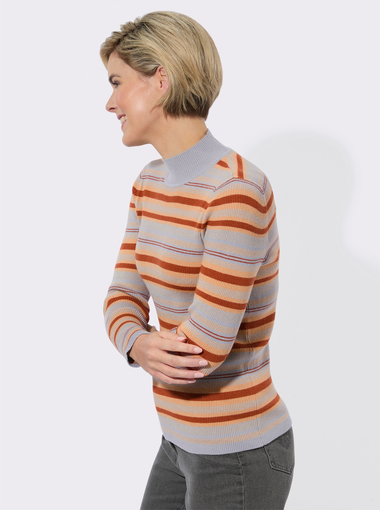 Streifenpullover mit Stehkragen - camel-cognac-geringelt